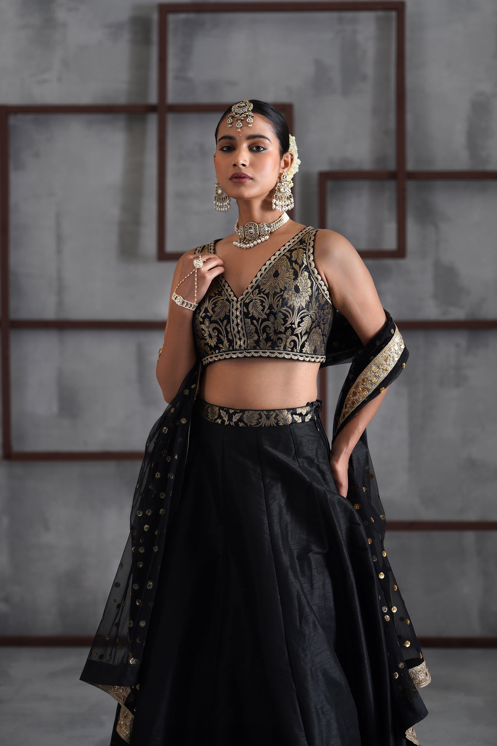 BLACK BROCADE BLOUSE, LEHANGA, DUPATTA