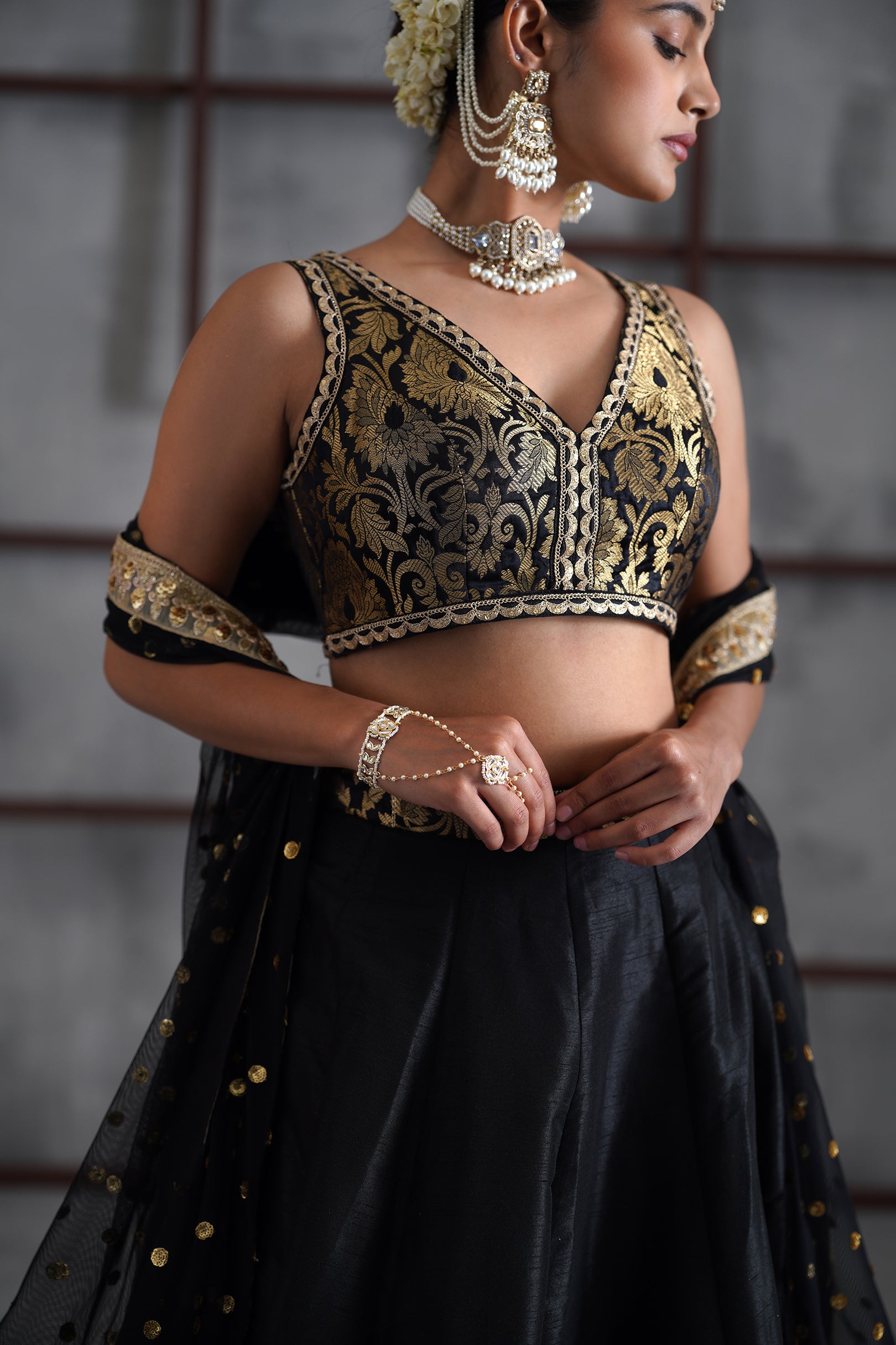 BLACK BROCADE BLOUSE, LEHANGA, DUPATTA