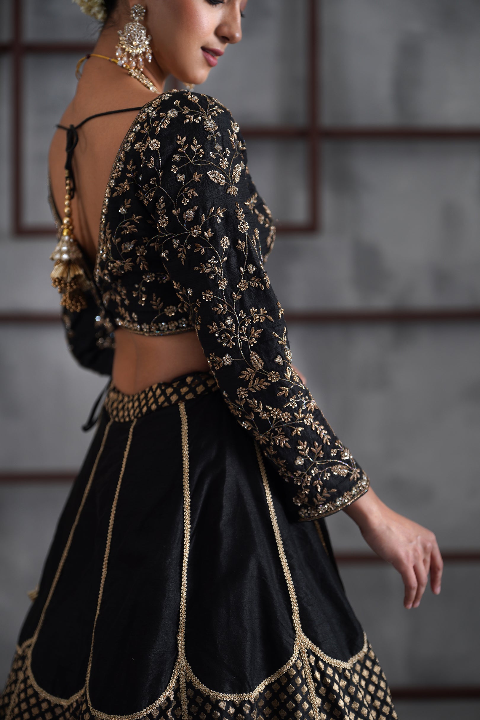 BLACK EMBROIDERED BLOUSE AND BROCADE LEHANGA