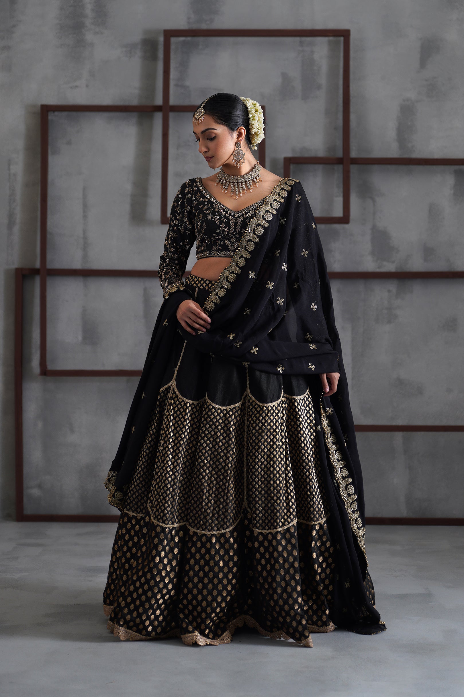 BLACK EMBROIDERED BLOUSE AND BROCADE LEHANGA