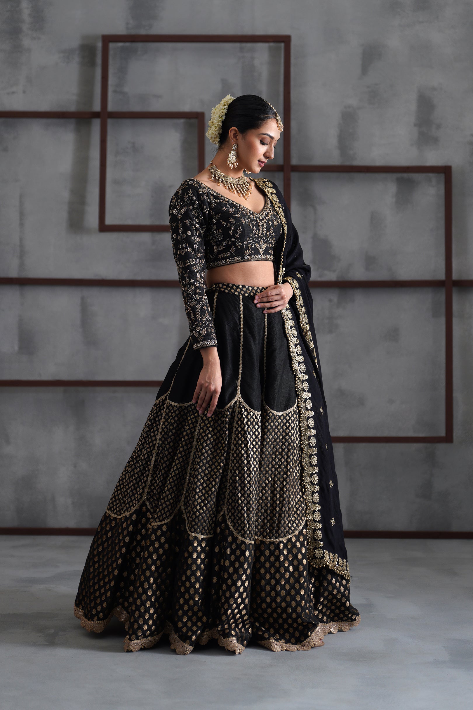 BLACK EMBROIDERED BLOUSE AND BROCADE LEHANGA