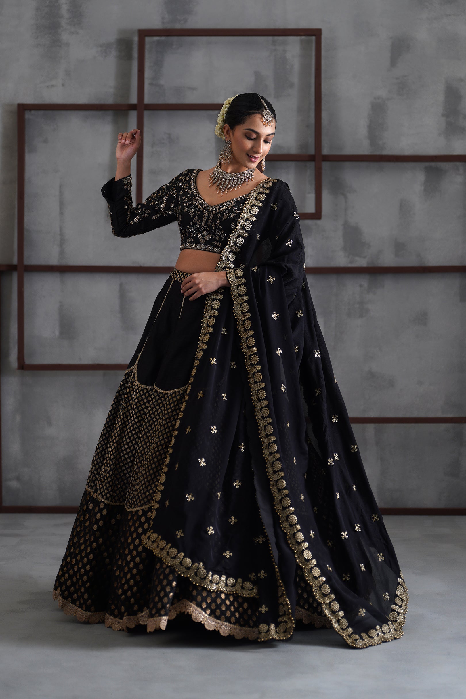 BLACK EMBROIDERED BLOUSE AND BROCADE LEHANGA