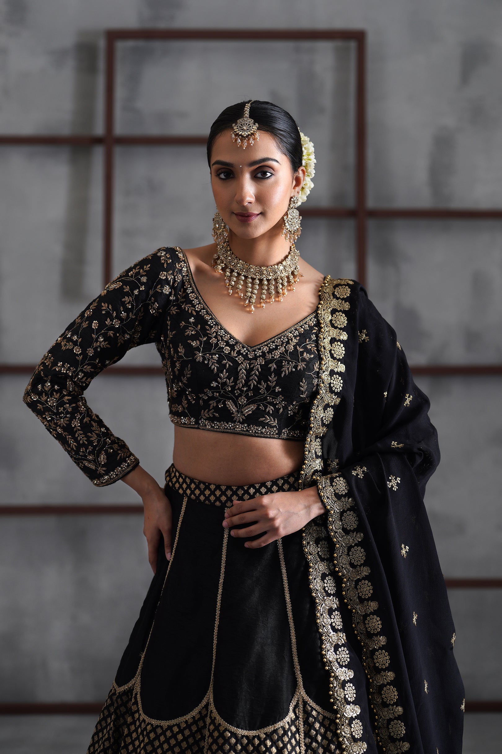 BLACK EMBROIDERED BLOUSE AND BROCADE LEHANGA