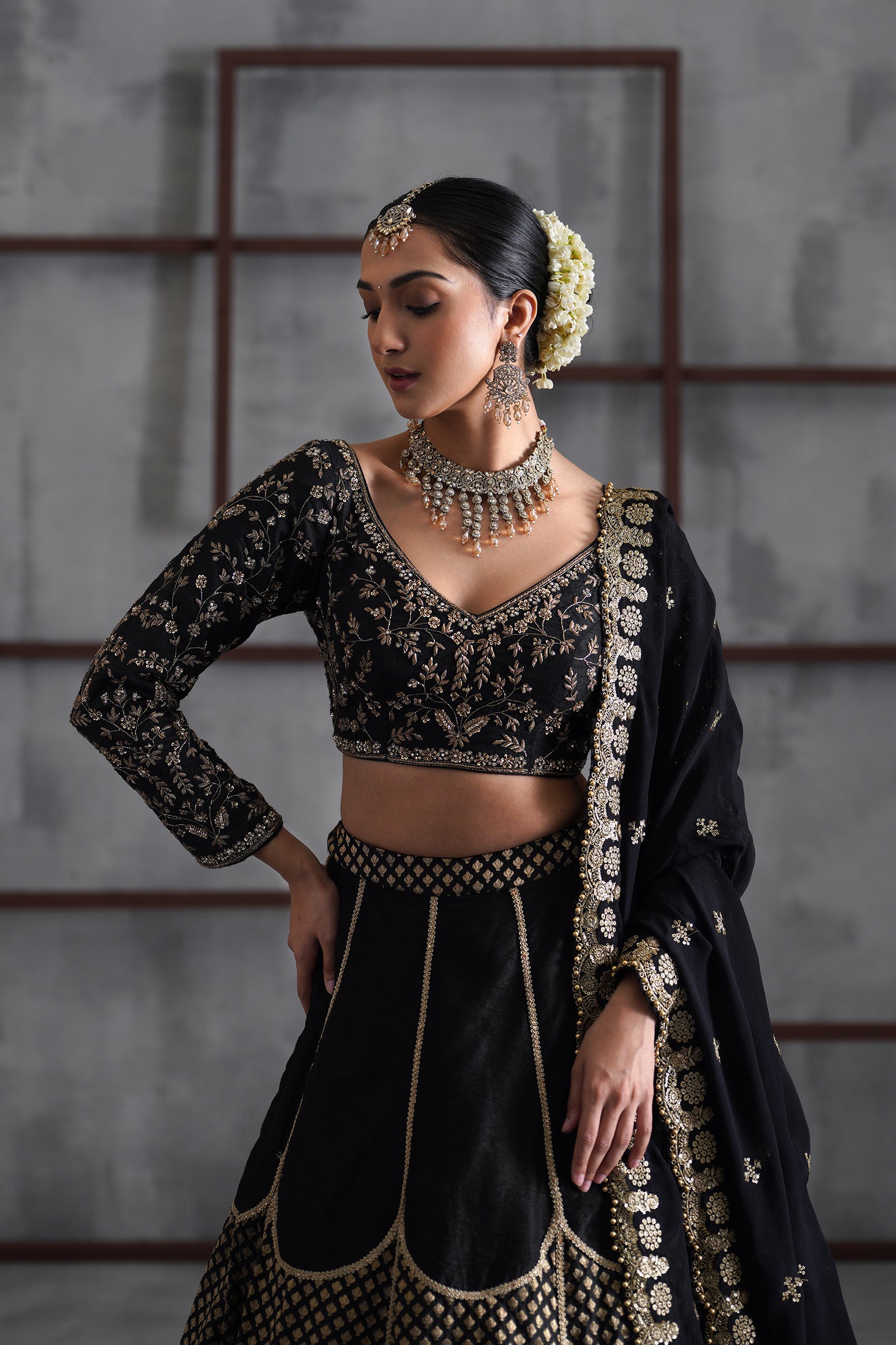 BLACK EMBROIDERED BLOUSE AND BROCADE LEHANGA
