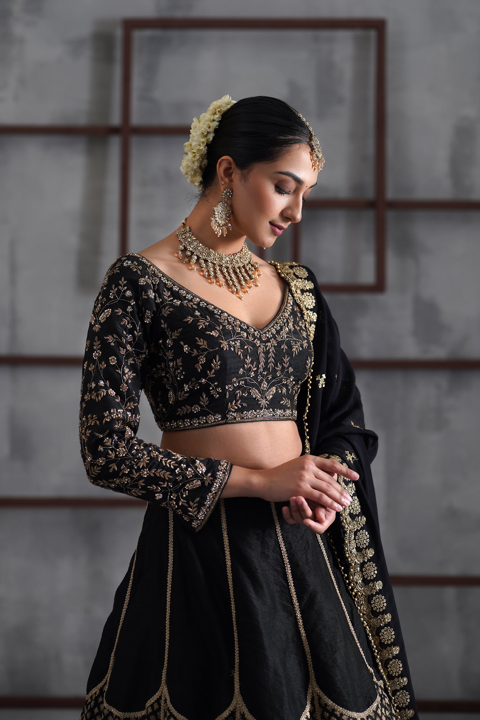 BLACK EMBROIDERED BLOUSE AND BROCADE LEHANGA