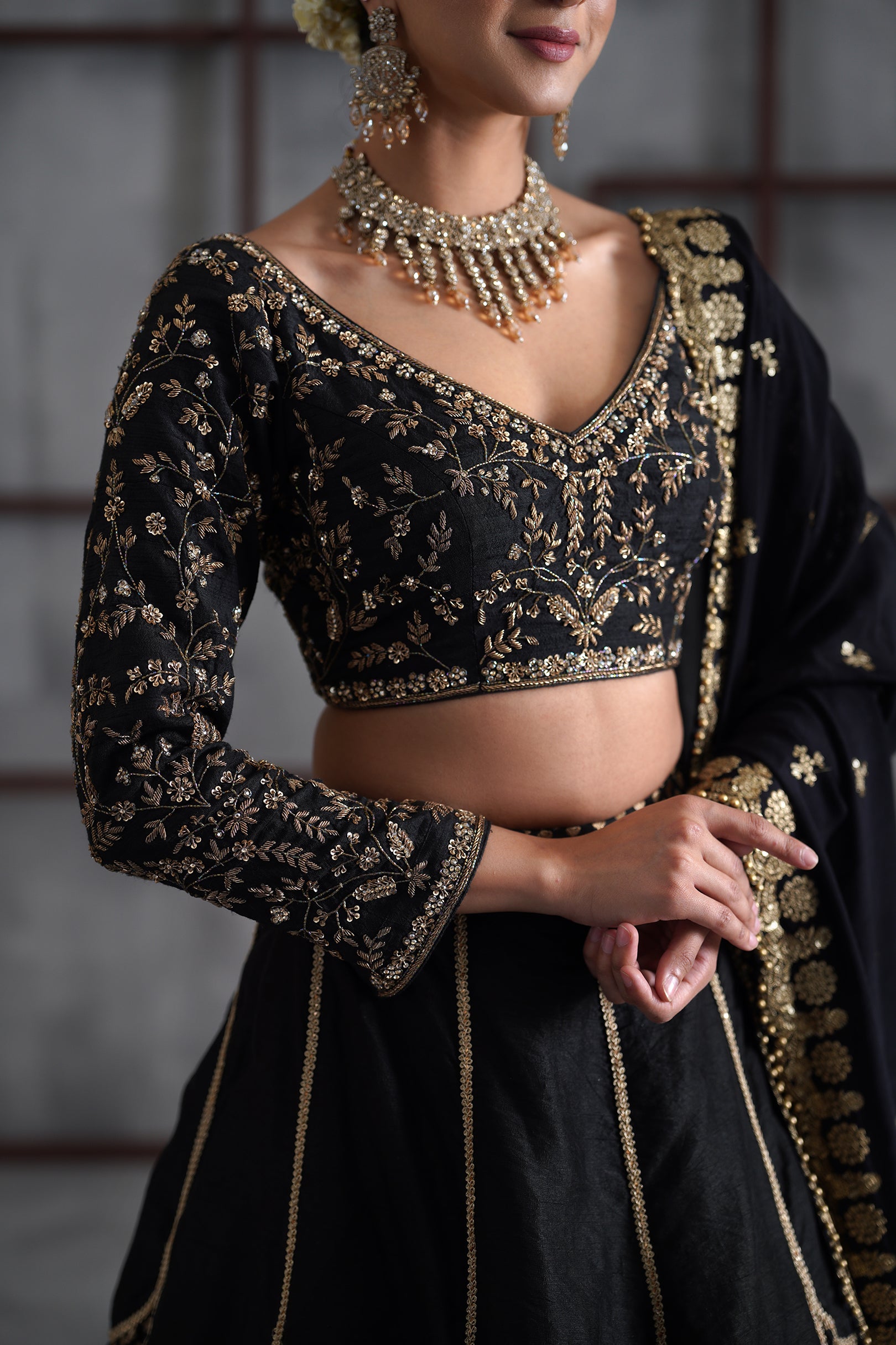 BLACK EMBROIDERED BLOUSE AND BROCADE LEHANGA