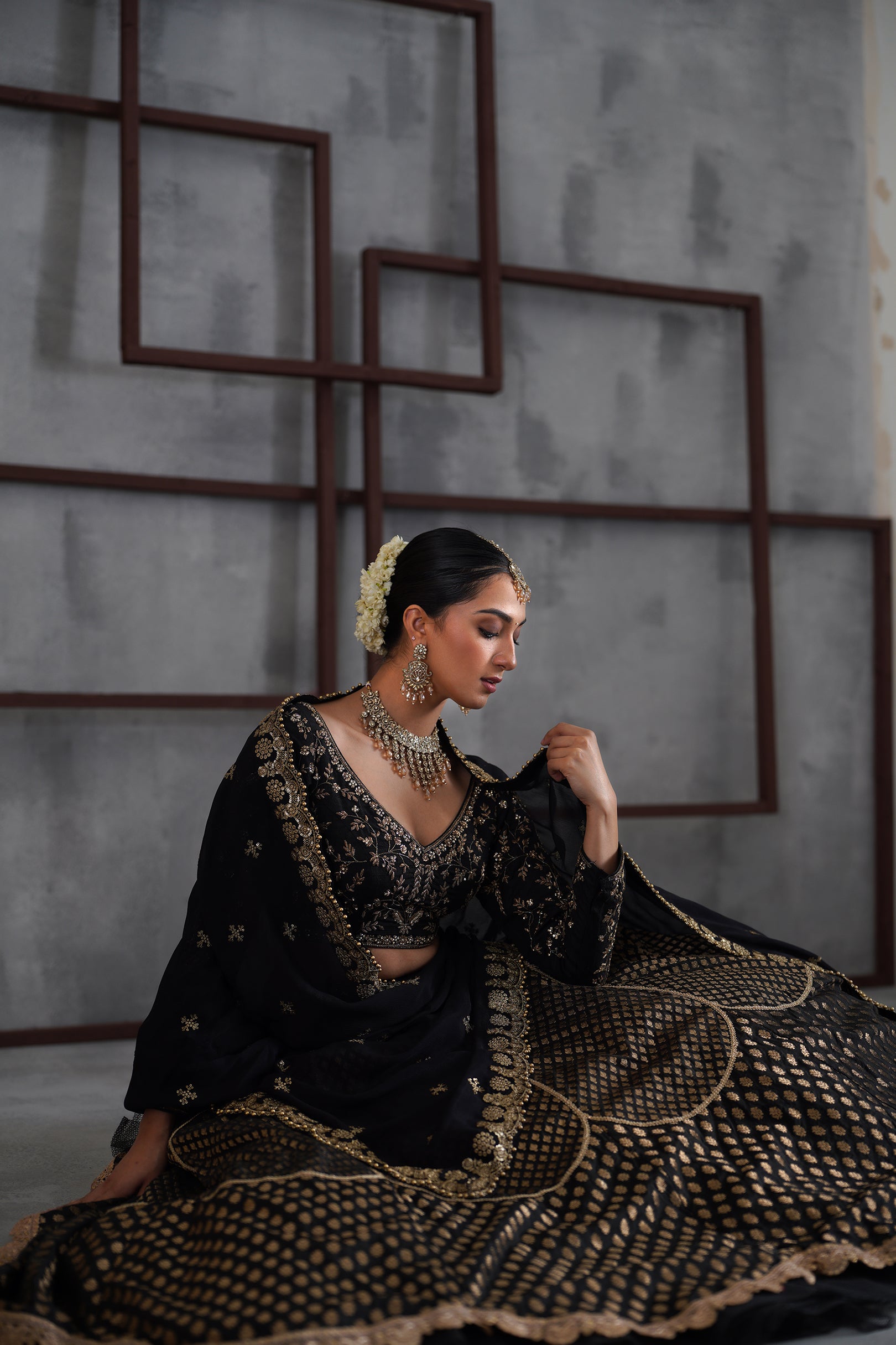 BLACK EMBROIDERED BLOUSE AND BROCADE LEHANGA