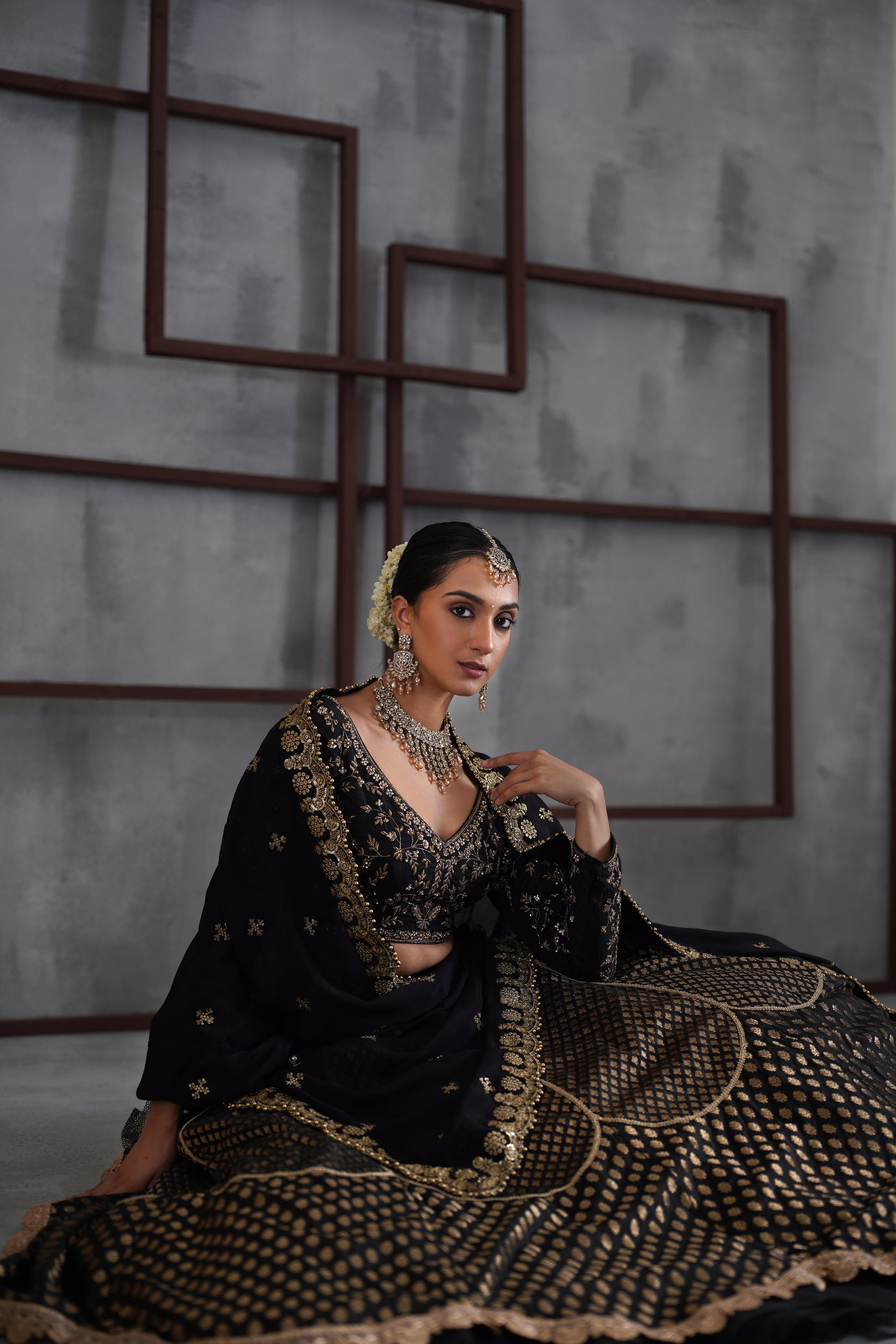 BLACK EMBROIDERED BLOUSE AND BROCADE LEHANGA