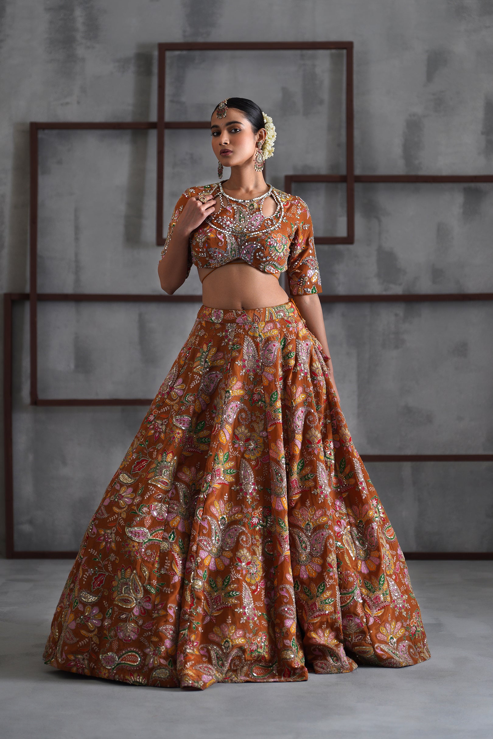 MUSTARD PRINTED BLOUSE, LEHENGA AND DUPATTA
