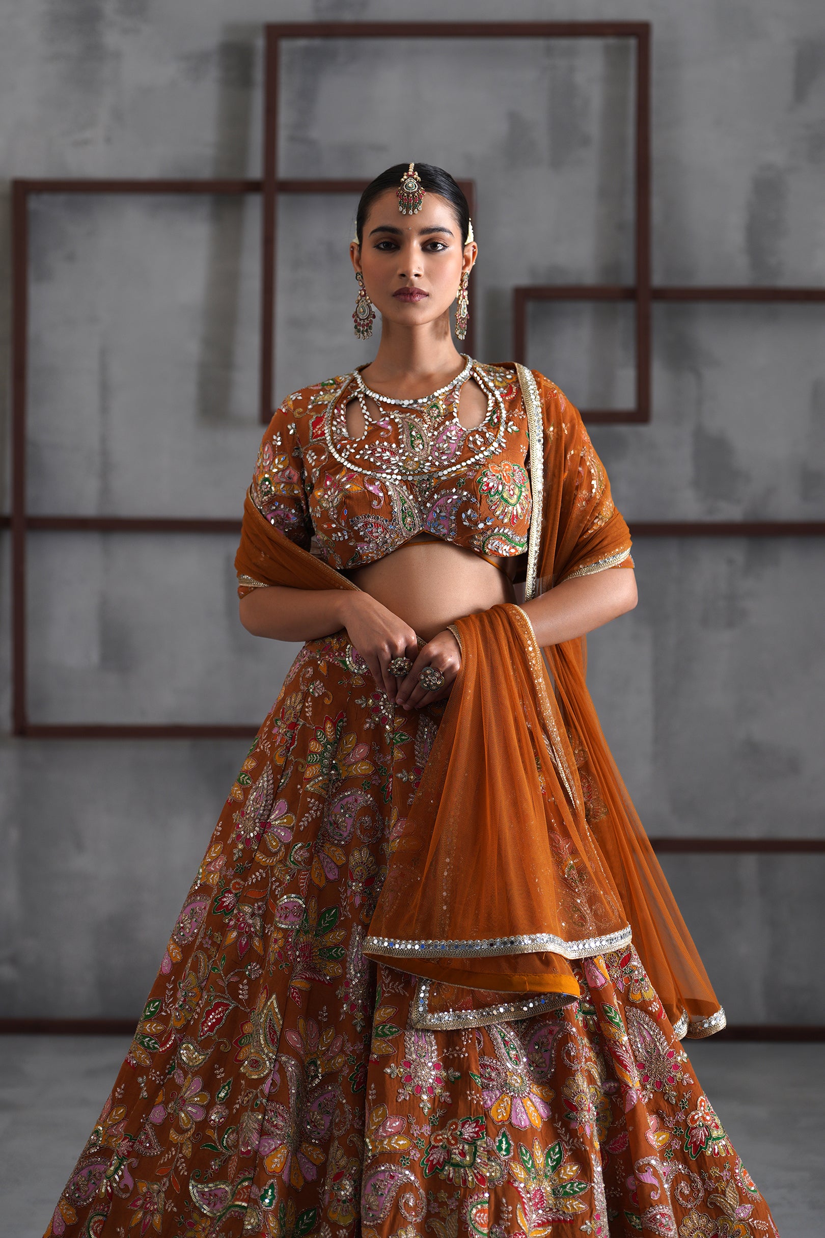 MUSTARD PRINTED BLOUSE, LEHENGA AND DUPATTA