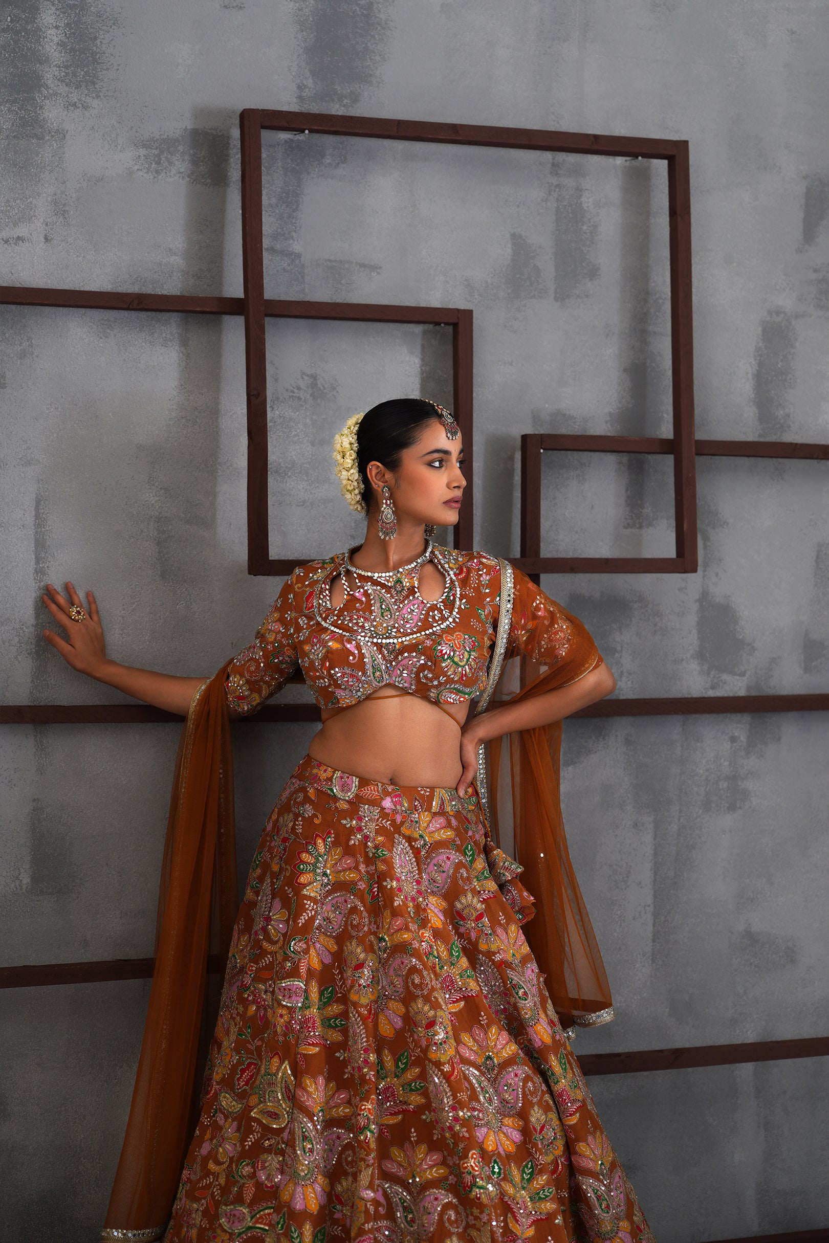 MUSTARD PRINTED BLOUSE, LEHENGA AND DUPATTA