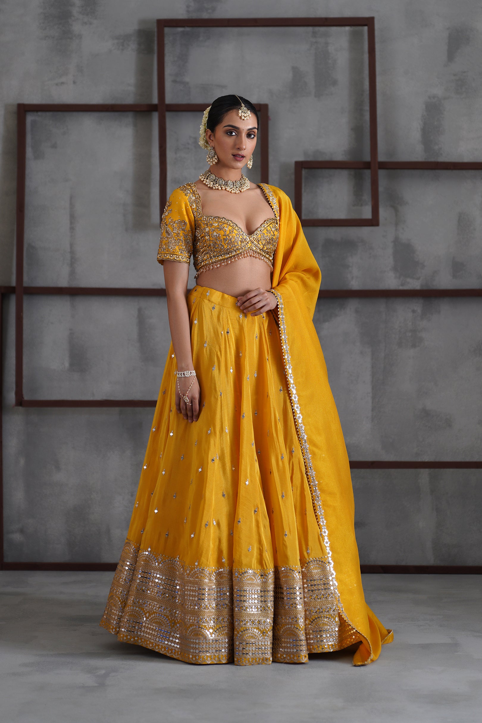 YELLOW EMBROIDERED BLOUSE, LEHENGA AND DUPATTA