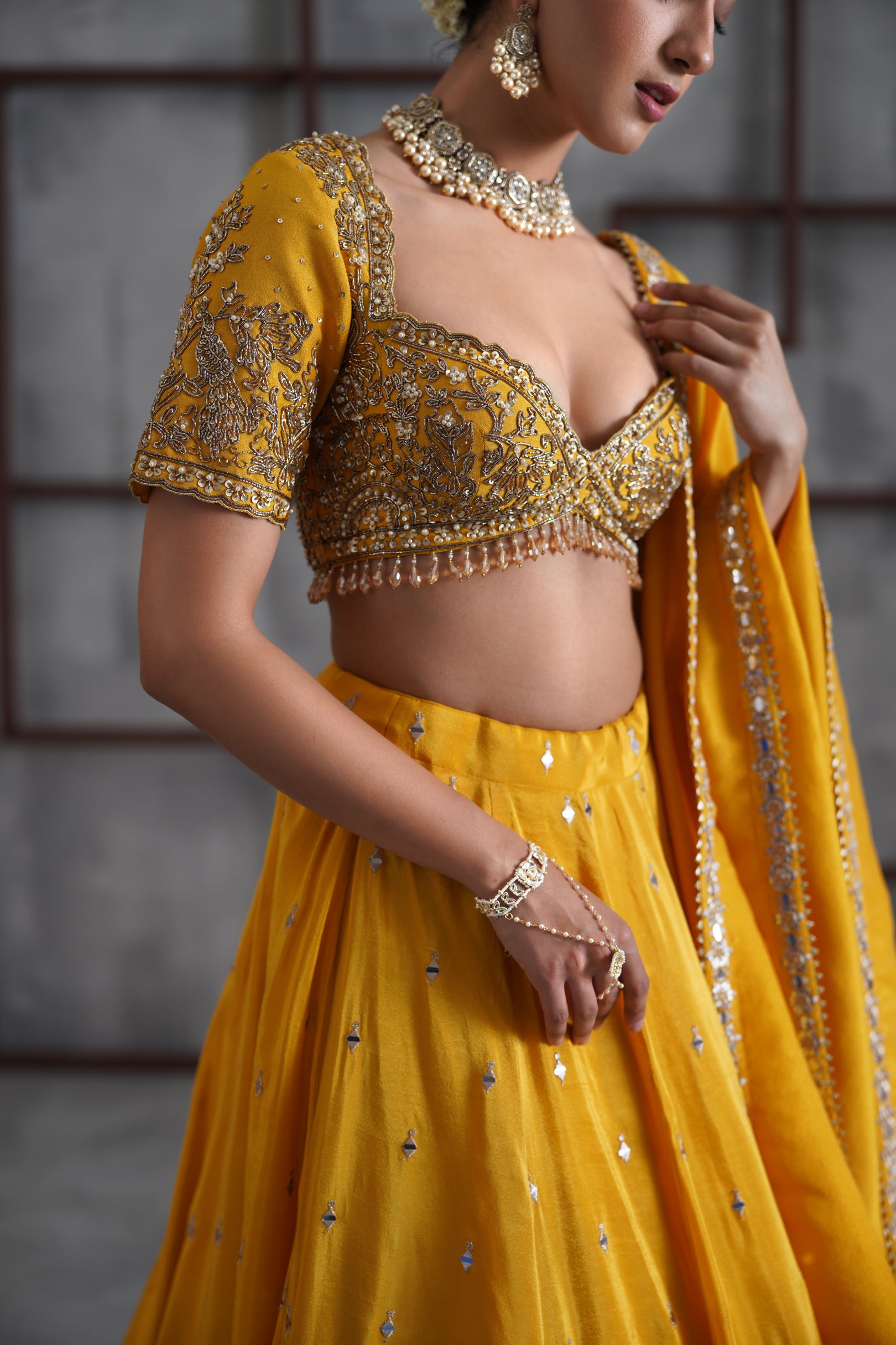 YELLOW EMBROIDERED BLOUSE, LEHENGA AND DUPATTA