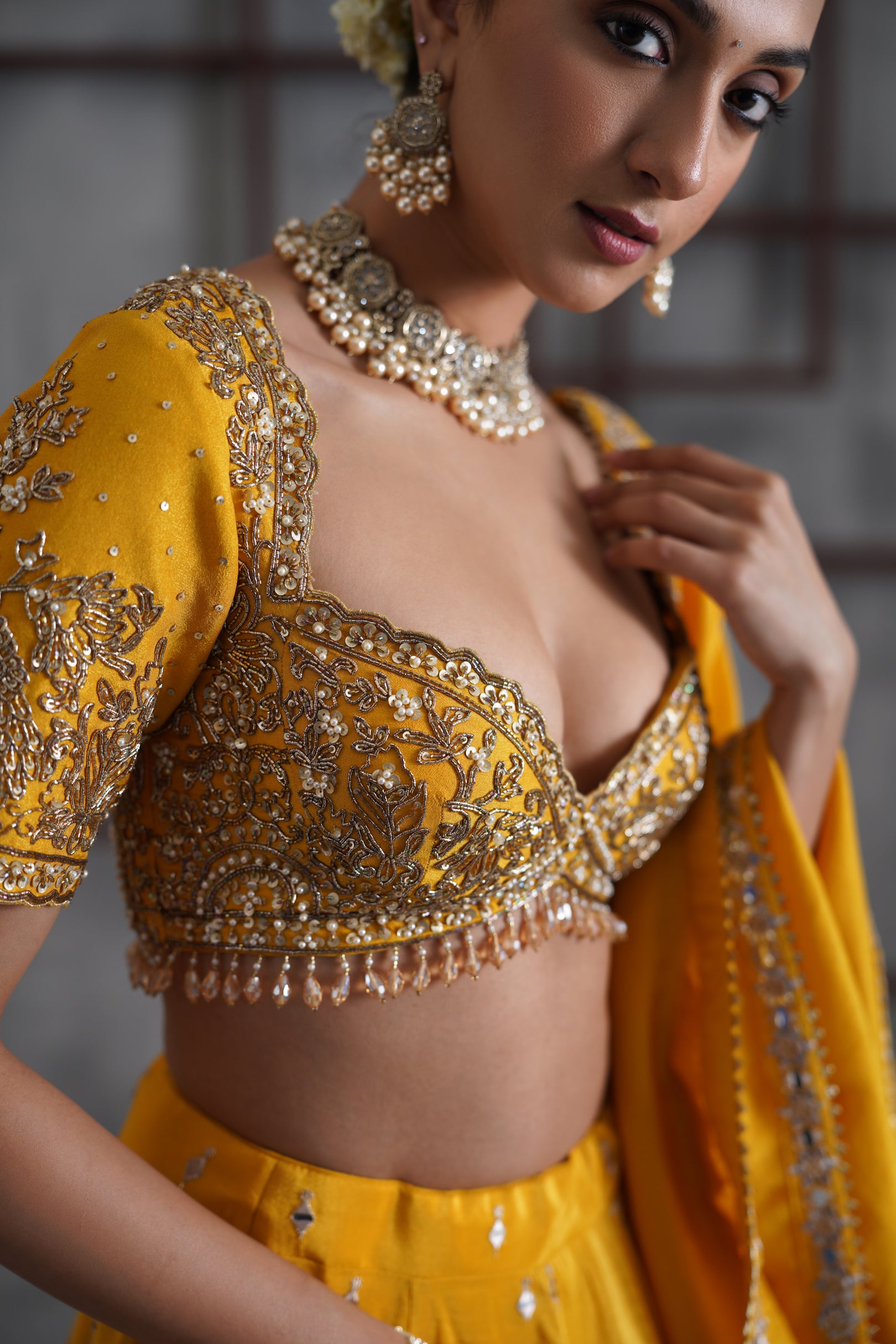 YELLOW EMBROIDERED BLOUSE, LEHENGA AND DUPATTA