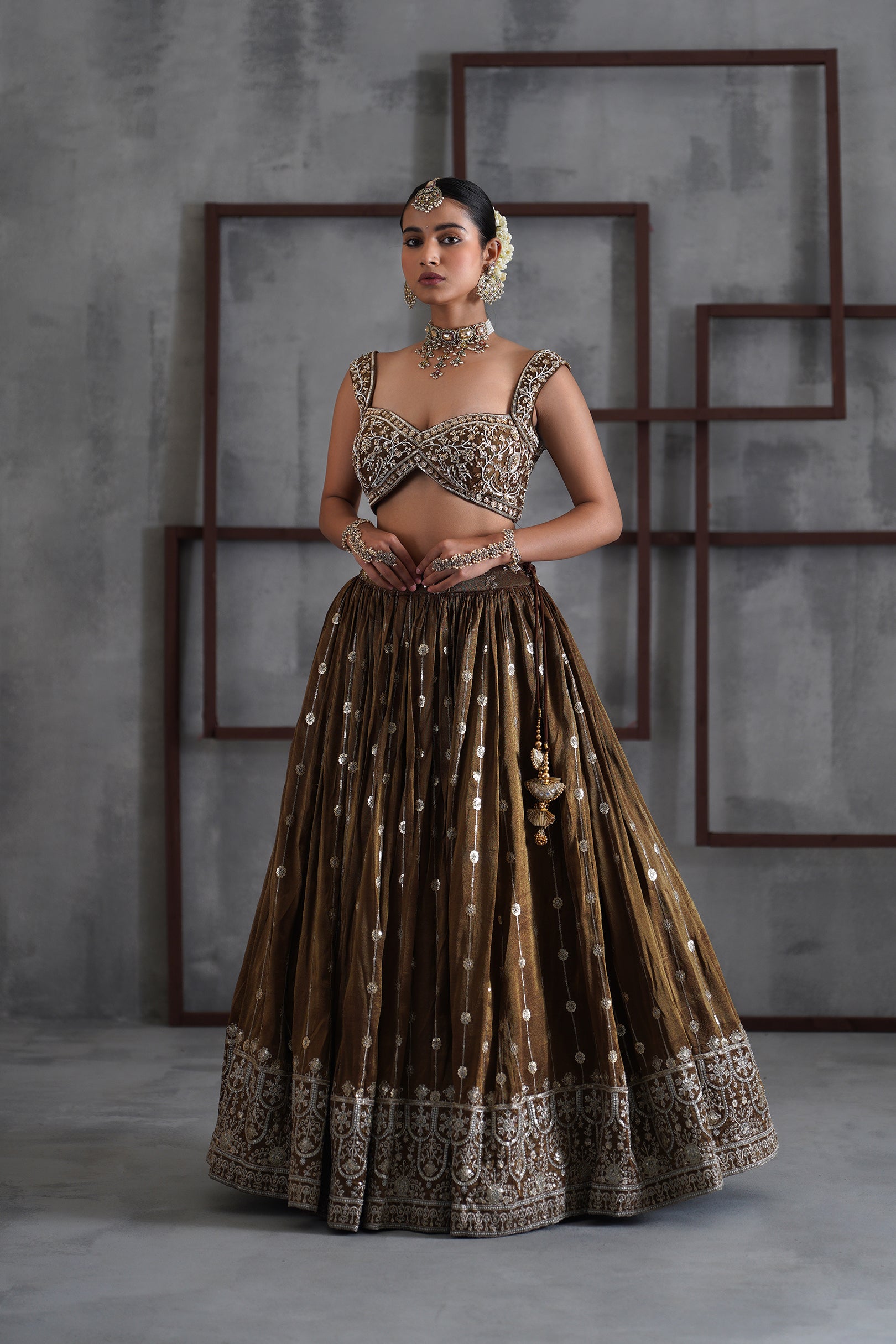 BROWN EMBROIDERED BLOUSE, LEHENGA AND DUPATTA