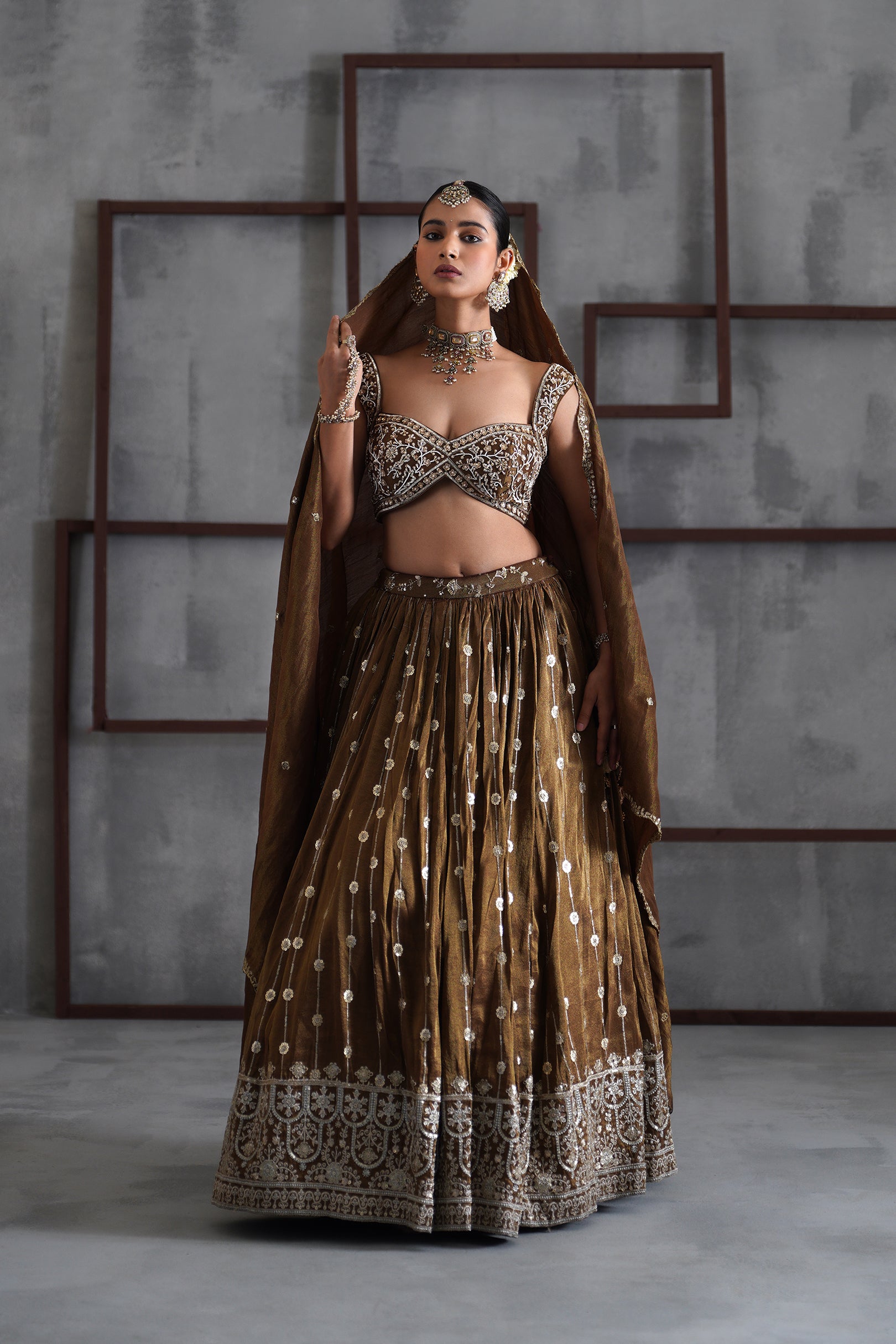 BROWN EMBROIDERED BLOUSE, LEHENGA AND DUPATTA