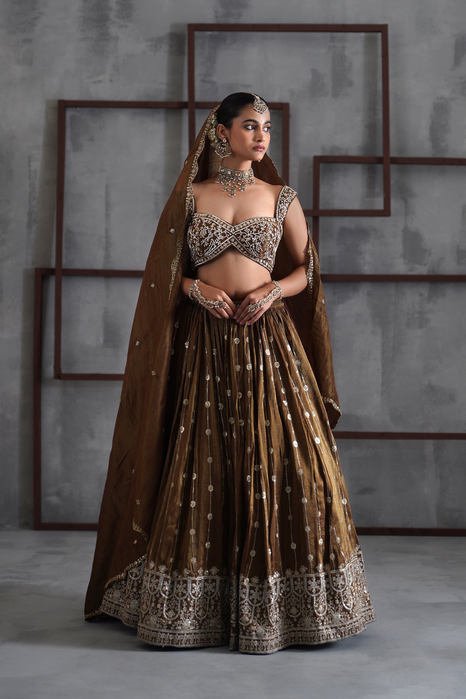 BROWN EMBROIDERED BLOUSE, LEHENGA AND DUPATTA