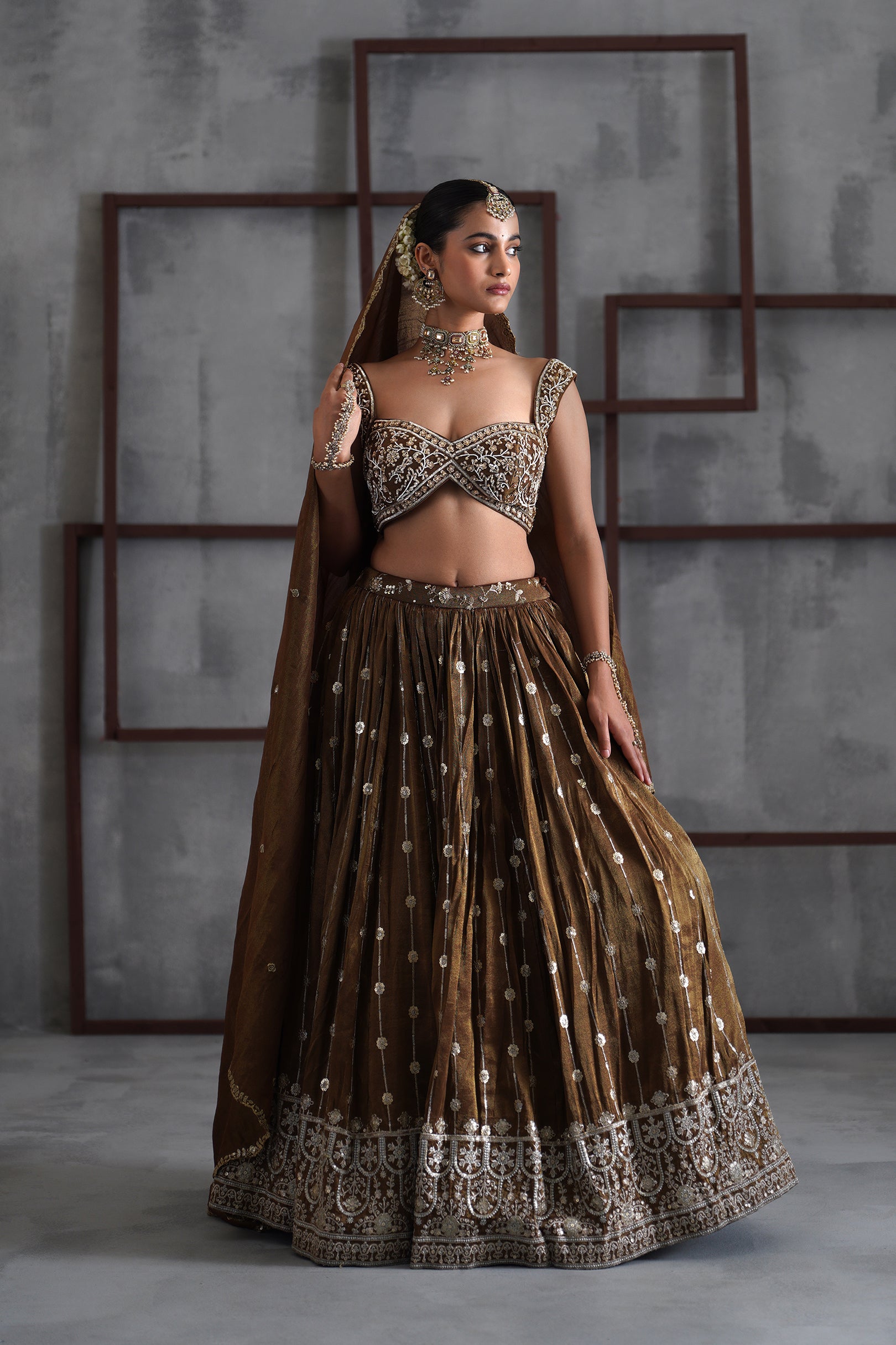 BROWN EMBROIDERED BLOUSE, LEHENGA AND DUPATTA