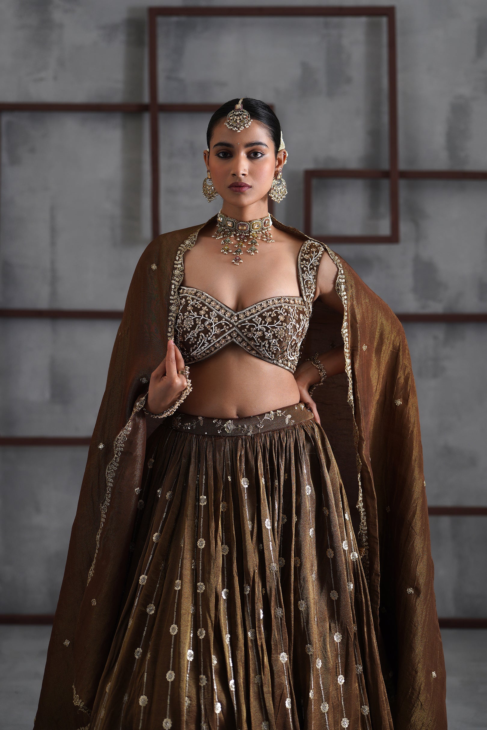 BROWN EMBROIDERED BLOUSE, LEHENGA AND DUPATTA