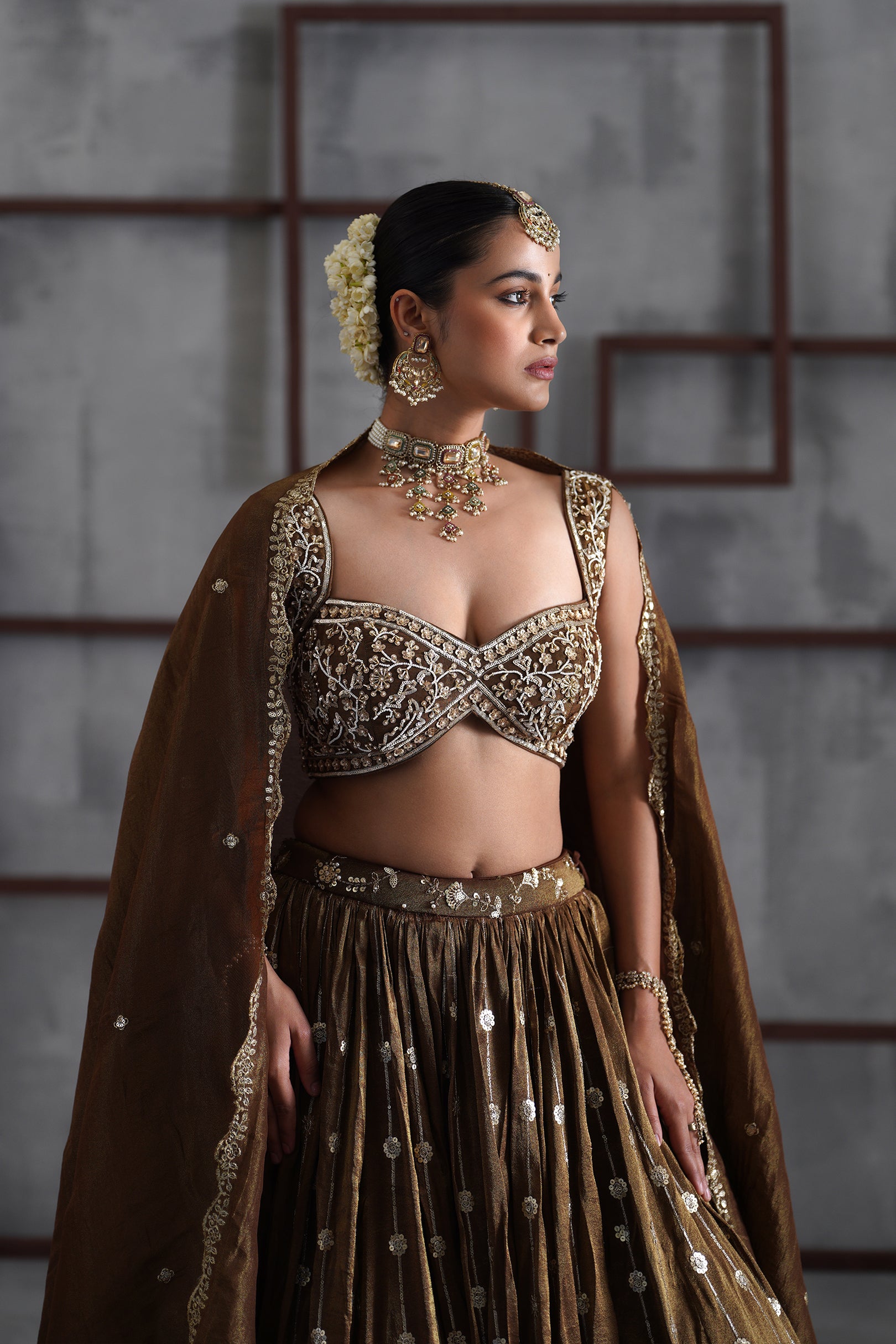 BROWN EMBROIDERED BLOUSE, LEHENGA AND DUPATTA