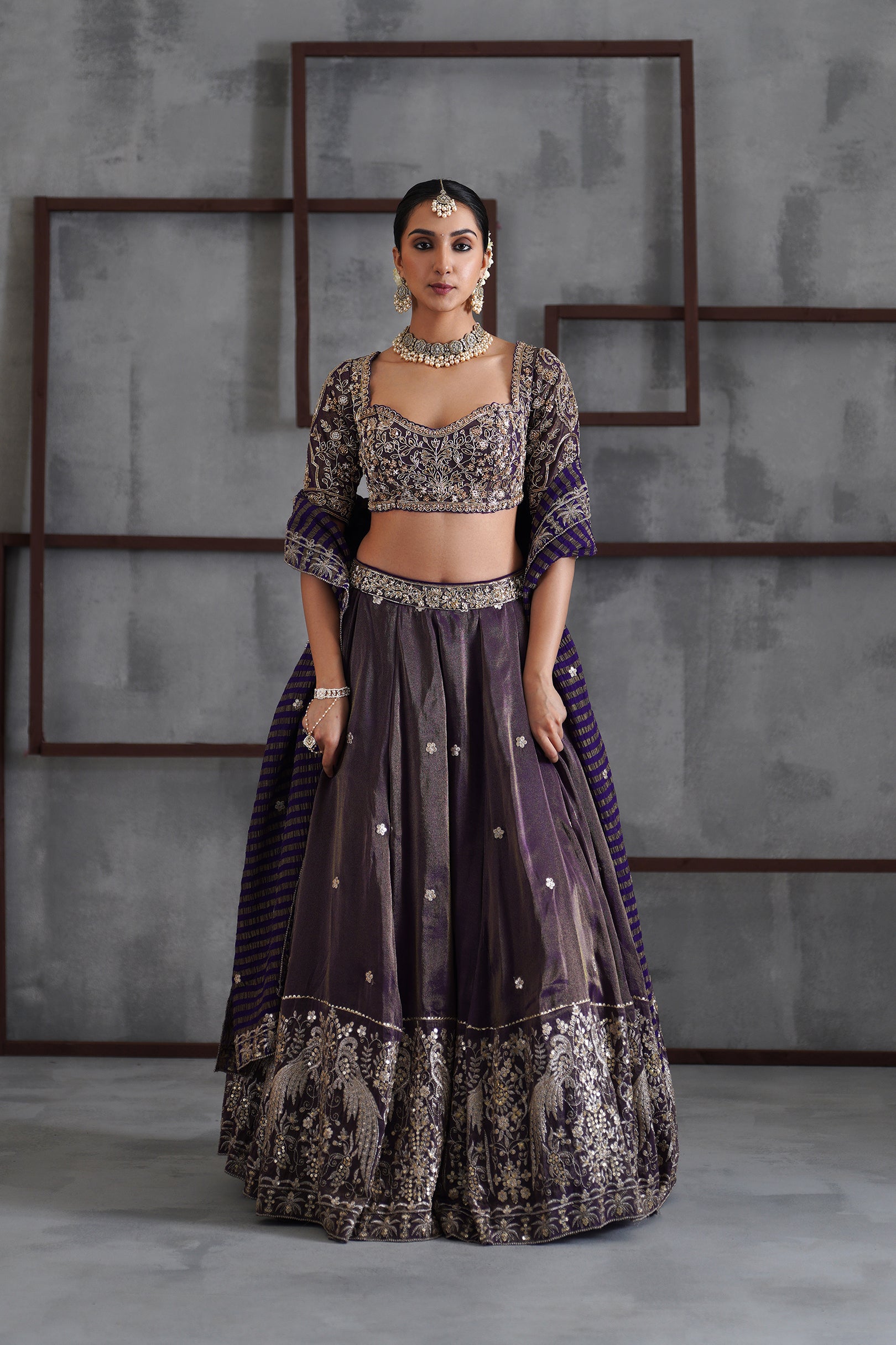 PURPLE TISSUE EMBROIDERED BLOUSE, LEHENGA AND DUPATTA