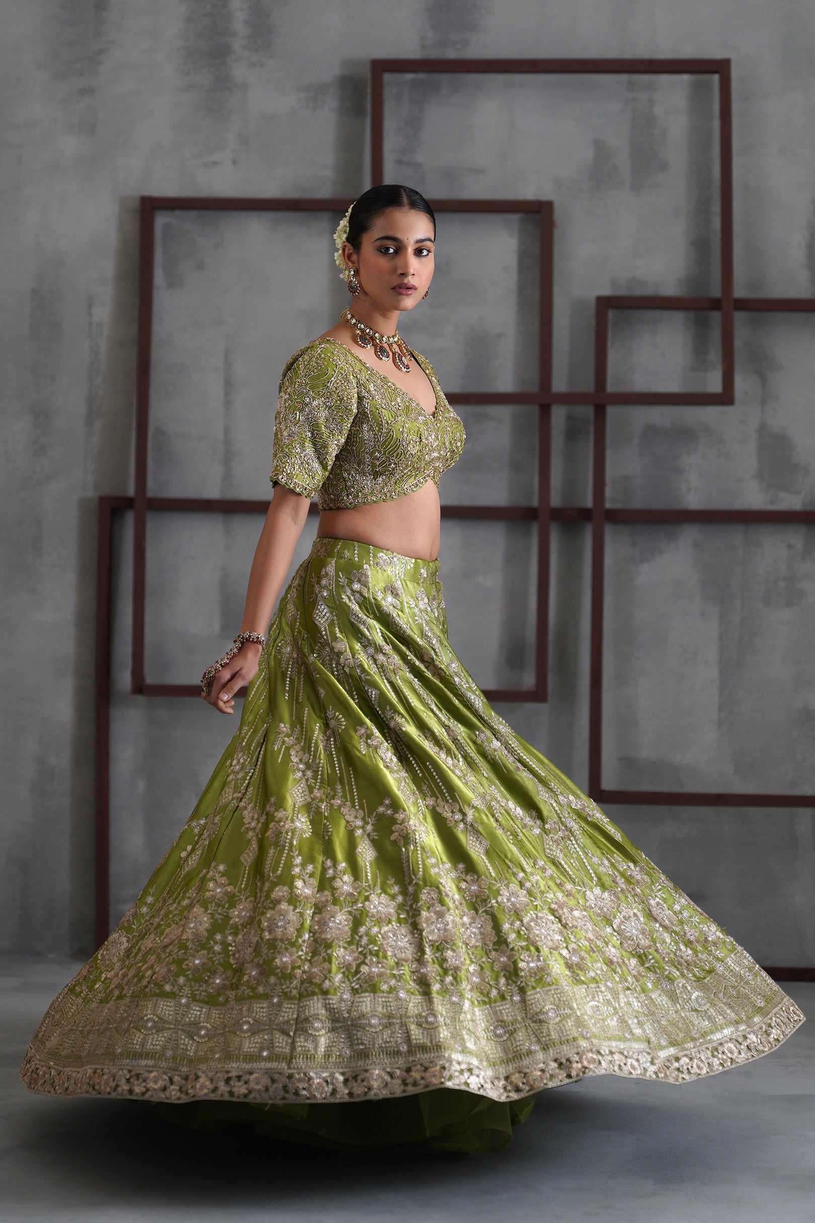 GREEN EMBOIDERED BLOUSE, LEHENGA AND DUPATTA