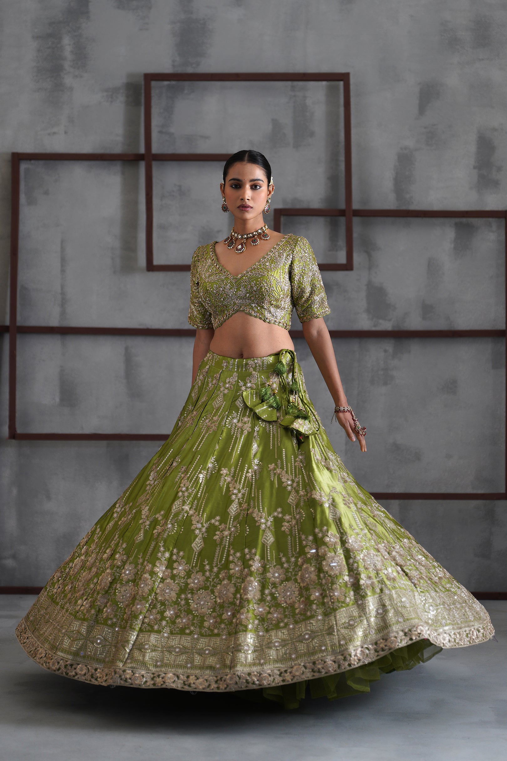 GREEN EMBOIDERED BLOUSE, LEHENGA AND DUPATTA