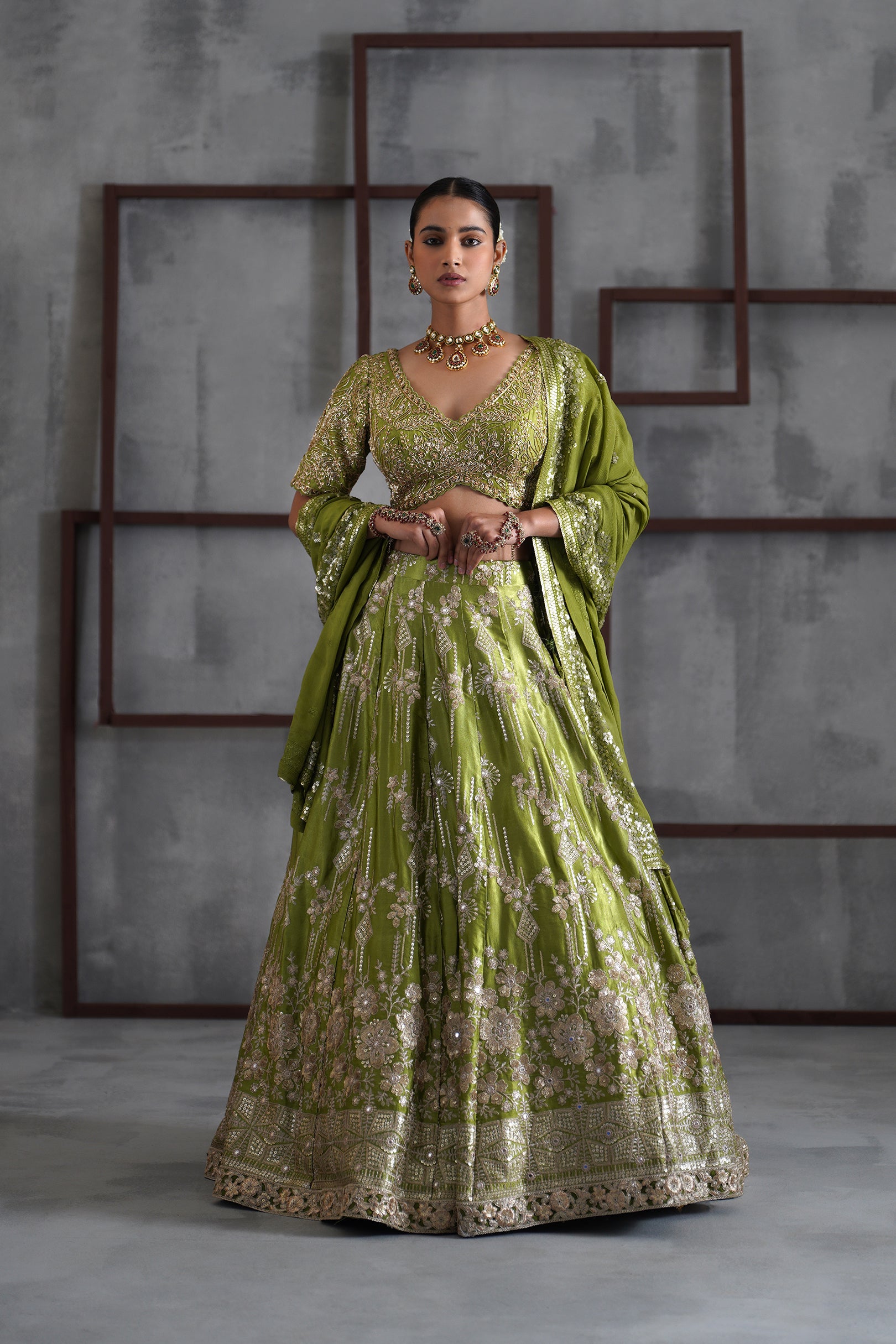 GREEN EMBOIDERED BLOUSE, LEHENGA AND DUPATTA