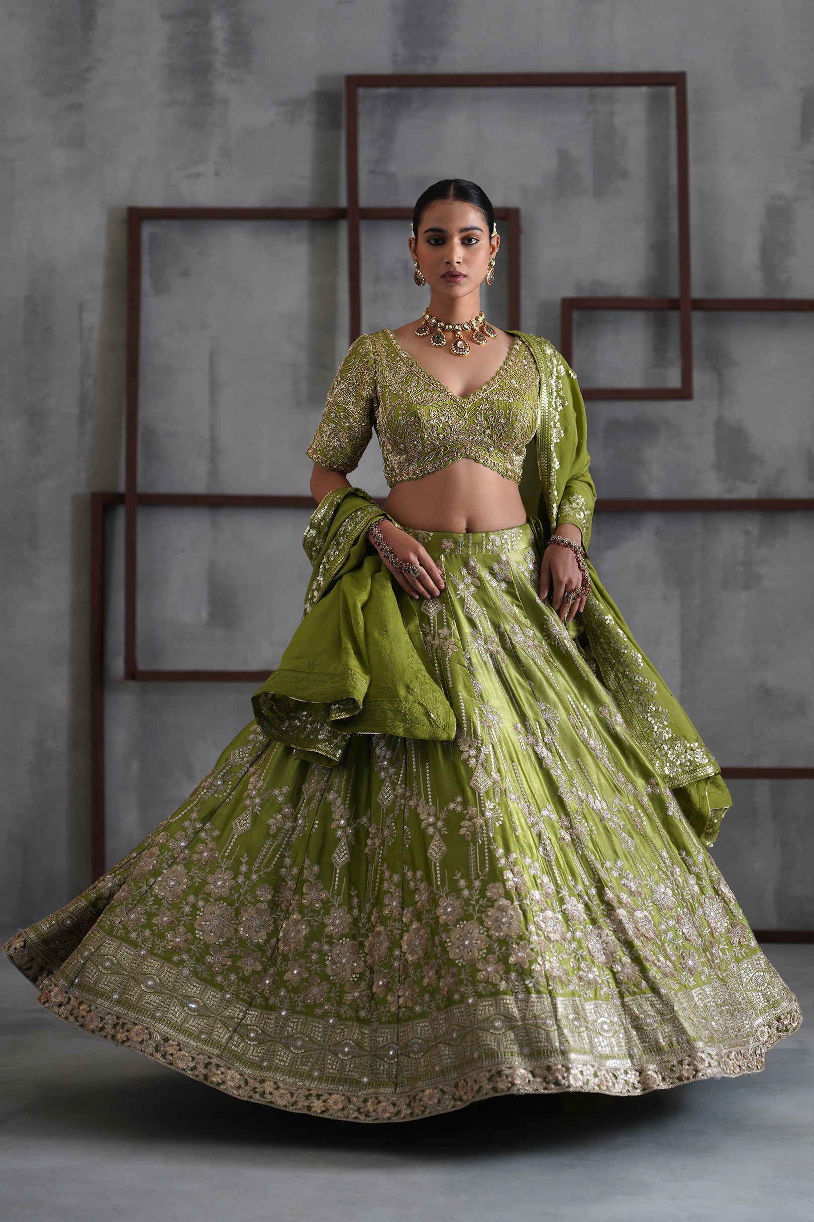 GREEN EMBOIDERED BLOUSE, LEHENGA AND DUPATTA