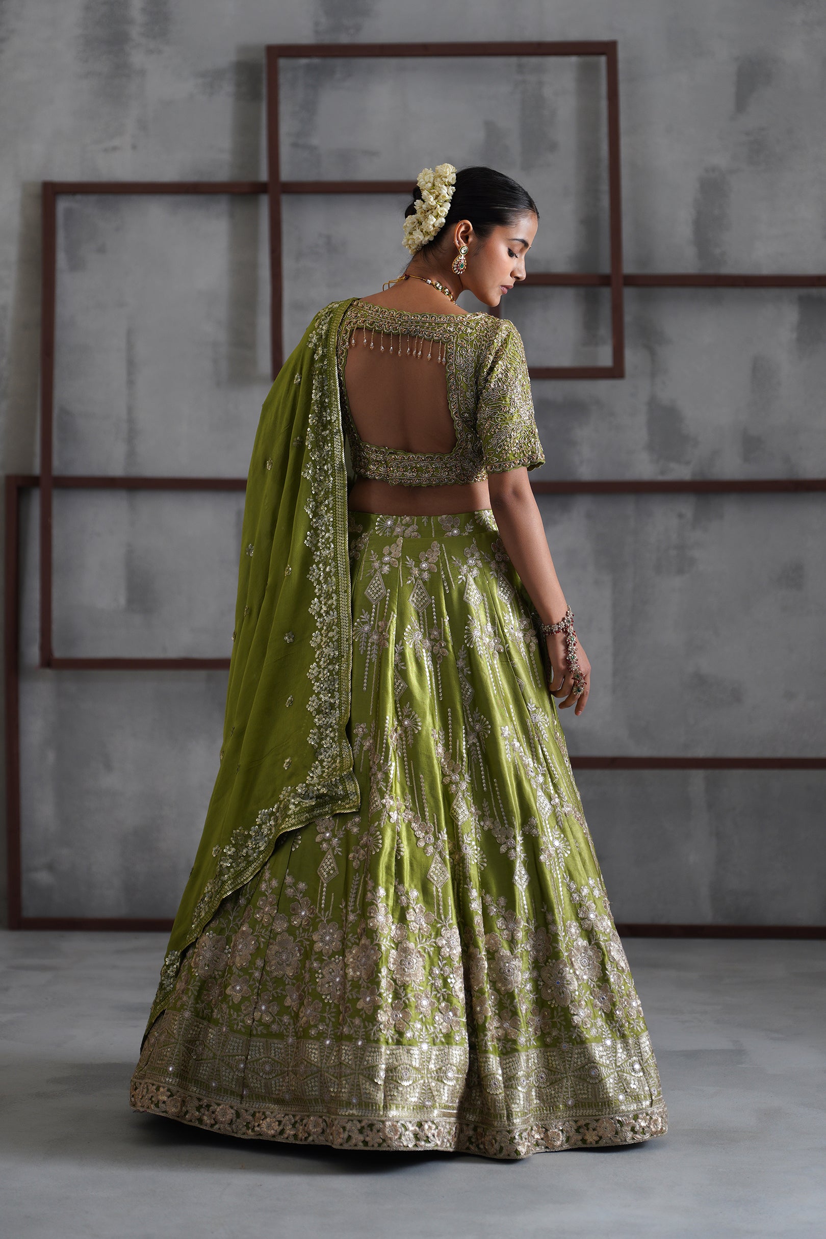 GREEN EMBOIDERED BLOUSE, LEHENGA AND DUPATTA