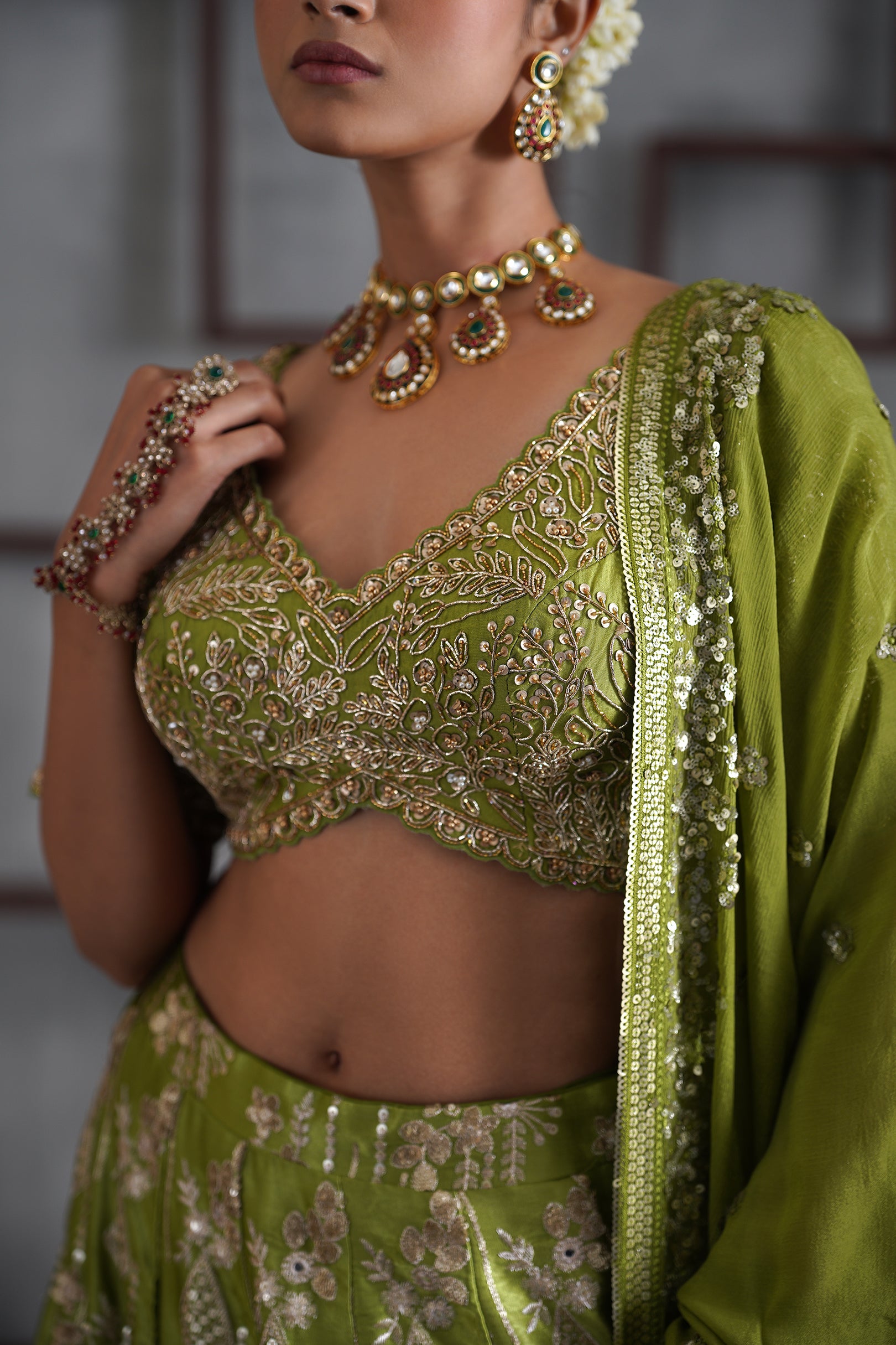 GREEN EMBOIDERED BLOUSE, LEHENGA AND DUPATTA