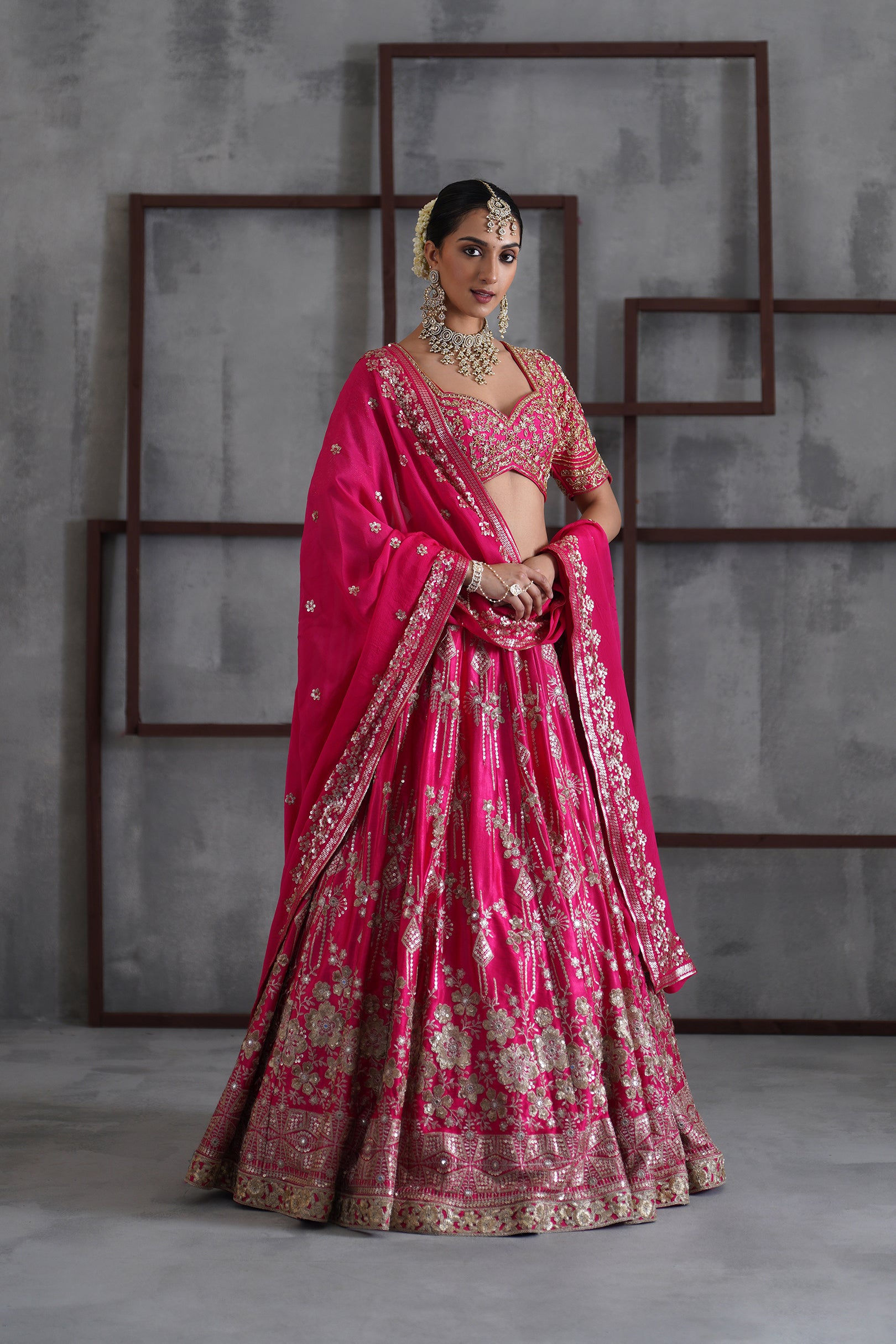 FUCHSIA EMBROIDERED BLOUSE, LEHENGA AND DUPATTA