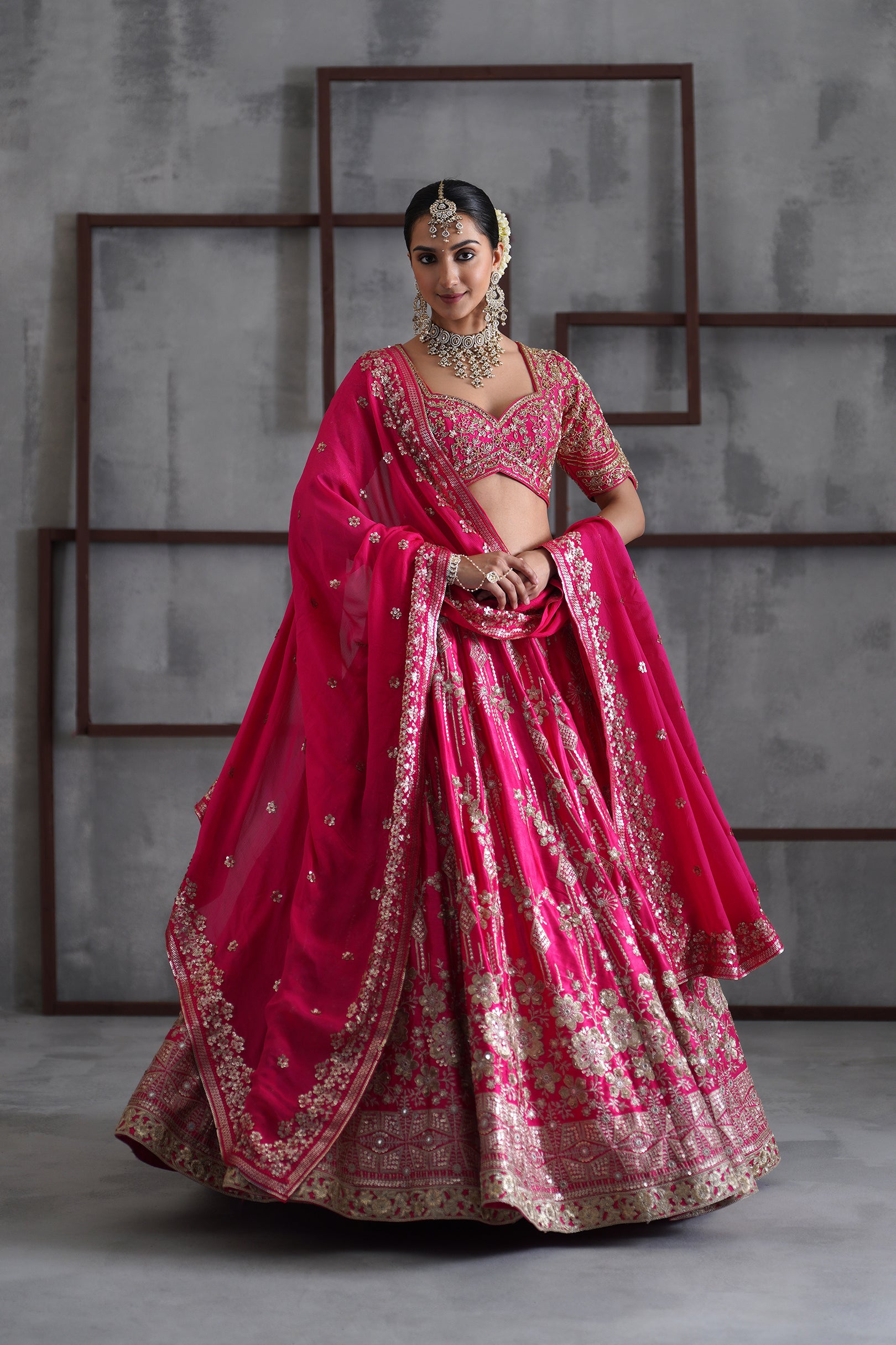 FUCHSIA EMBROIDERED BLOUSE, LEHENGA AND DUPATTA