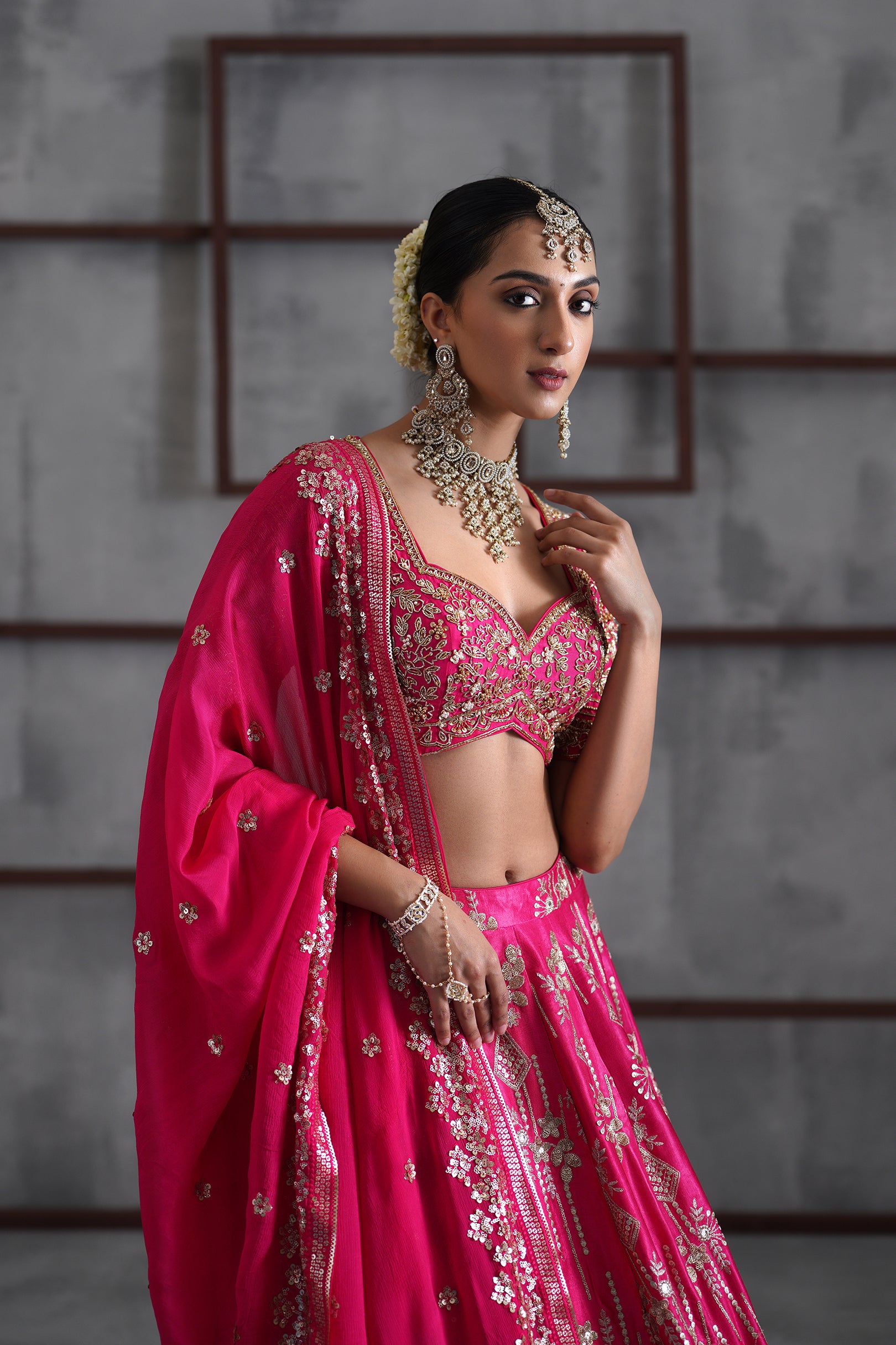 FUCHSIA EMBROIDERED BLOUSE, LEHENGA AND DUPATTA