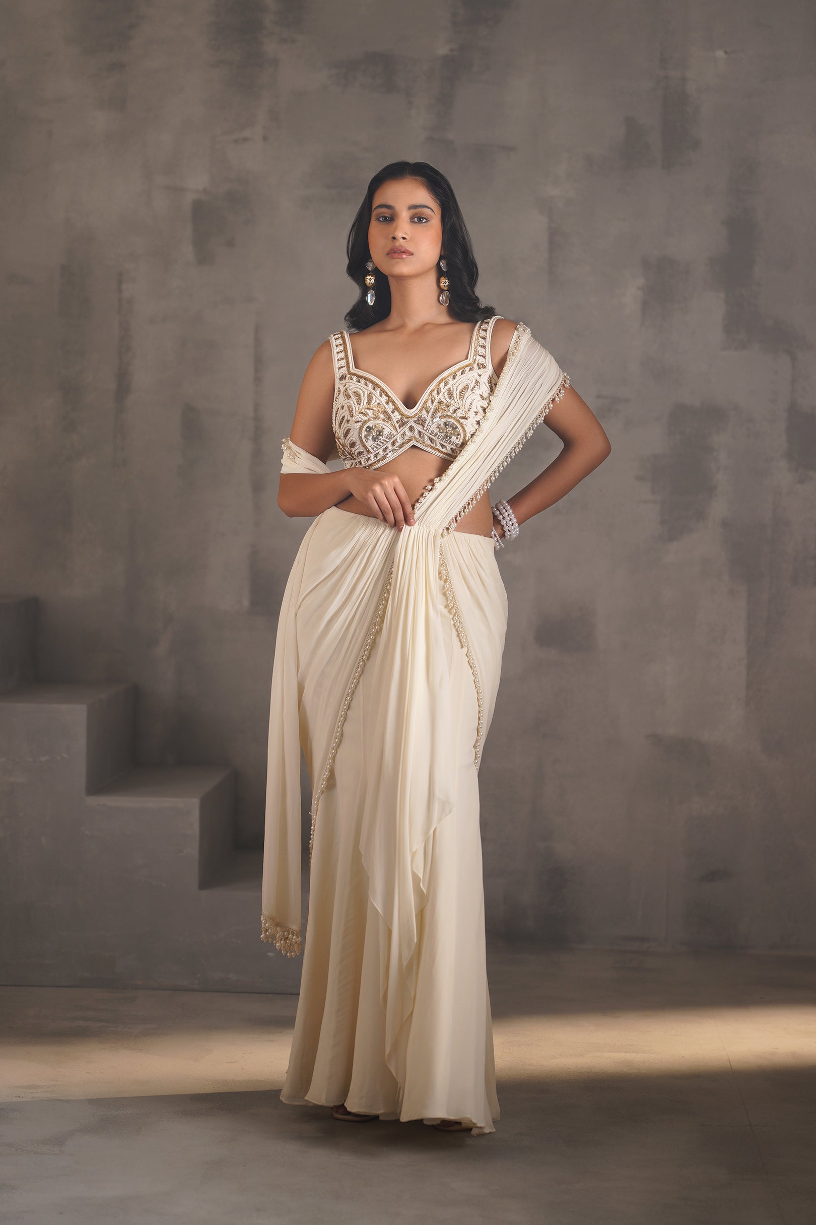 IVORY EMBROIDERED BLOUSE, STITCHED DRAPED SAREE