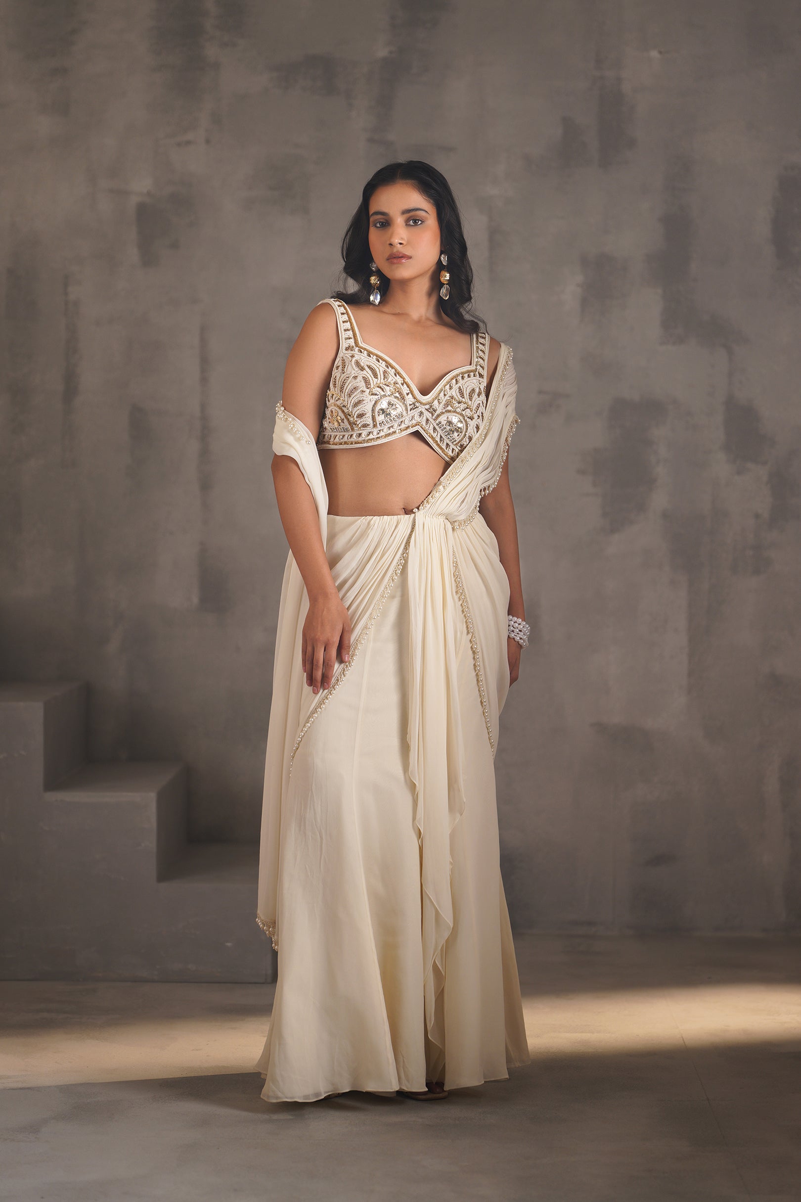 IVORY EMBROIDERED BLOUSE, STITCHED DRAPED SAREE