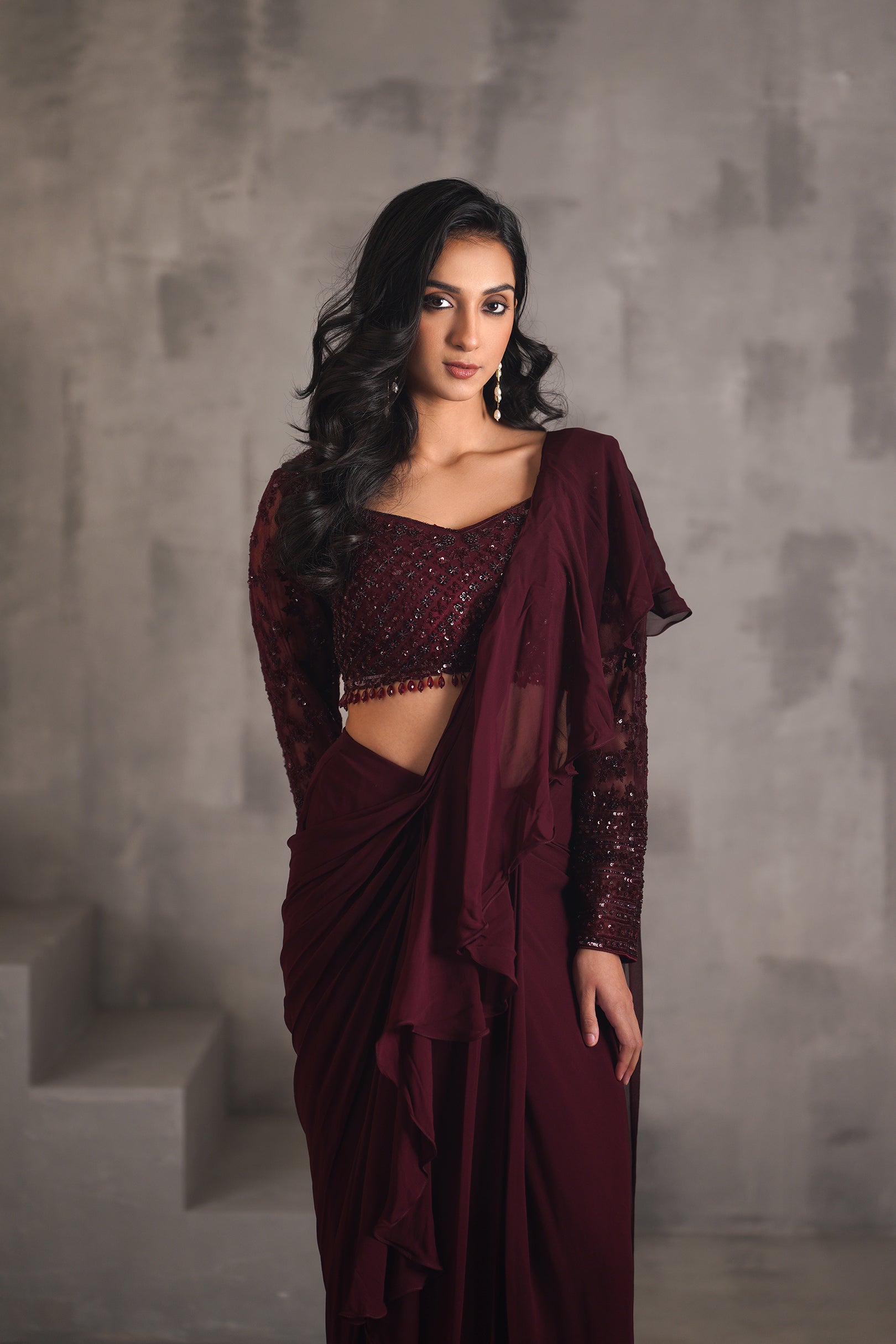WINE EMBROIDERED BLOUSE, DRAPED RUFFLE SAREE