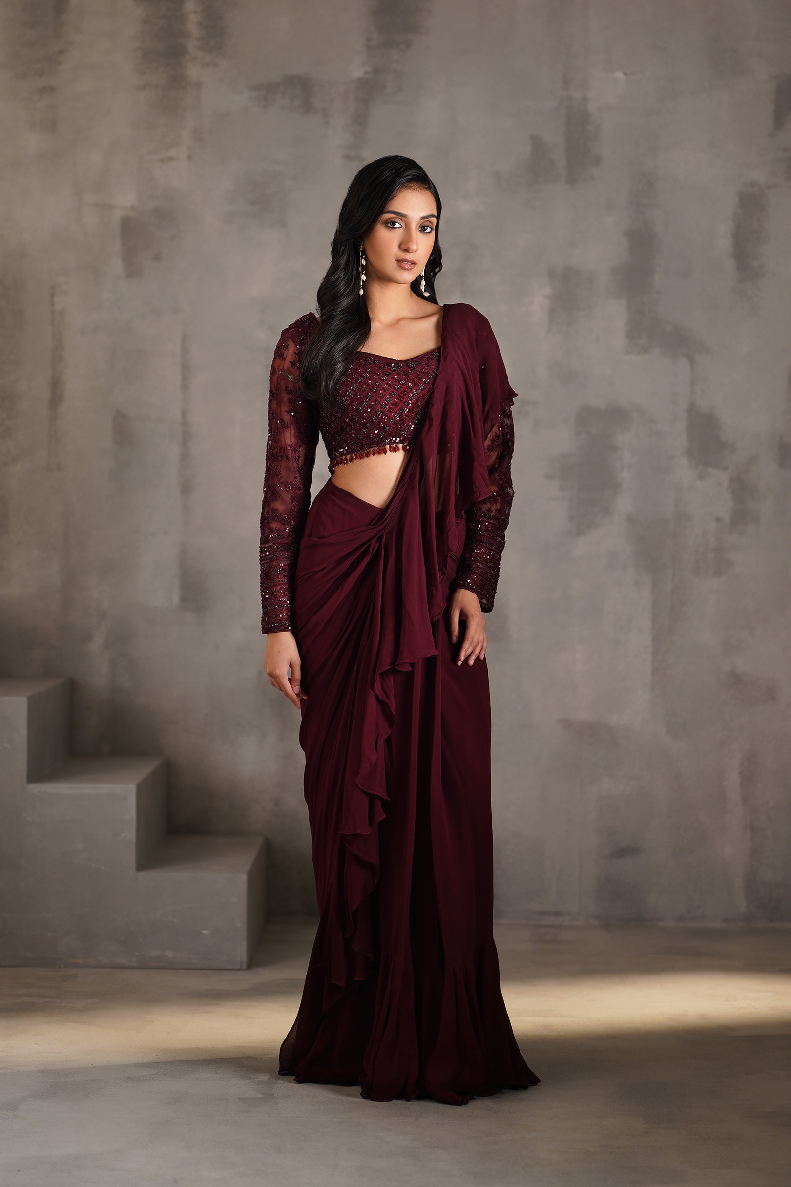 WINE EMBROIDERED BLOUSE, DRAPED RUFFLE SAREE