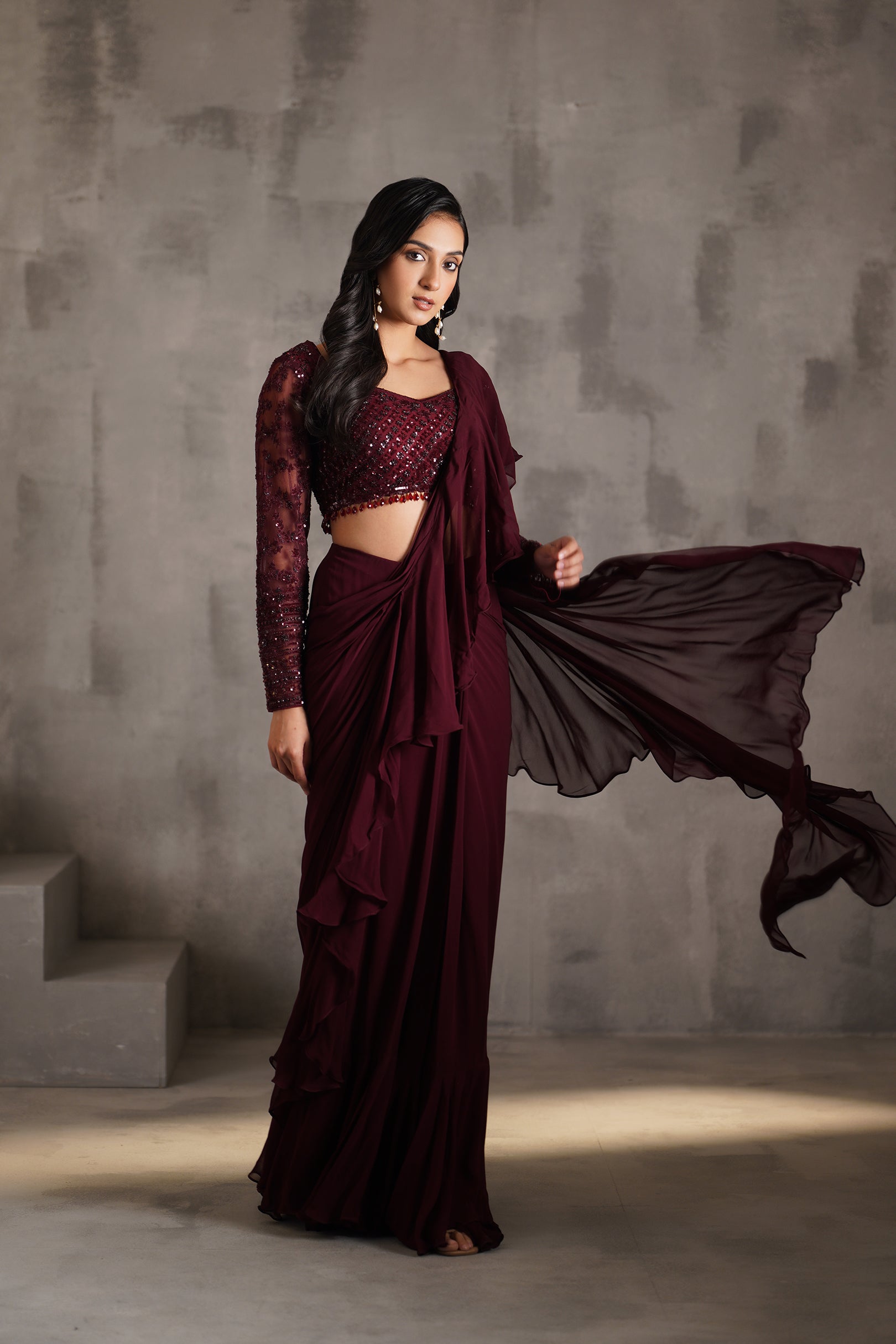 WINE EMBROIDERED BLOUSE, DRAPED RUFFLE SAREE