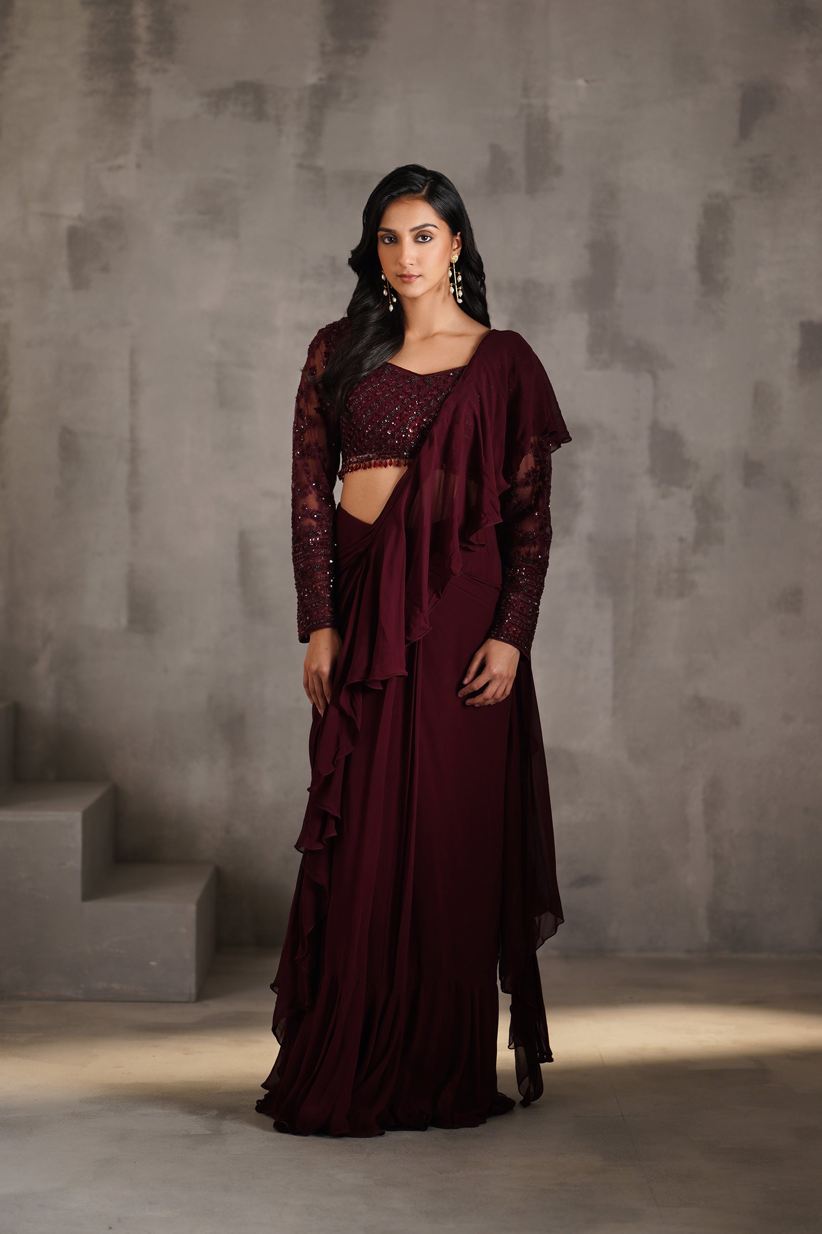 WINE EMBROIDERED BLOUSE, DRAPED RUFFLE SAREE