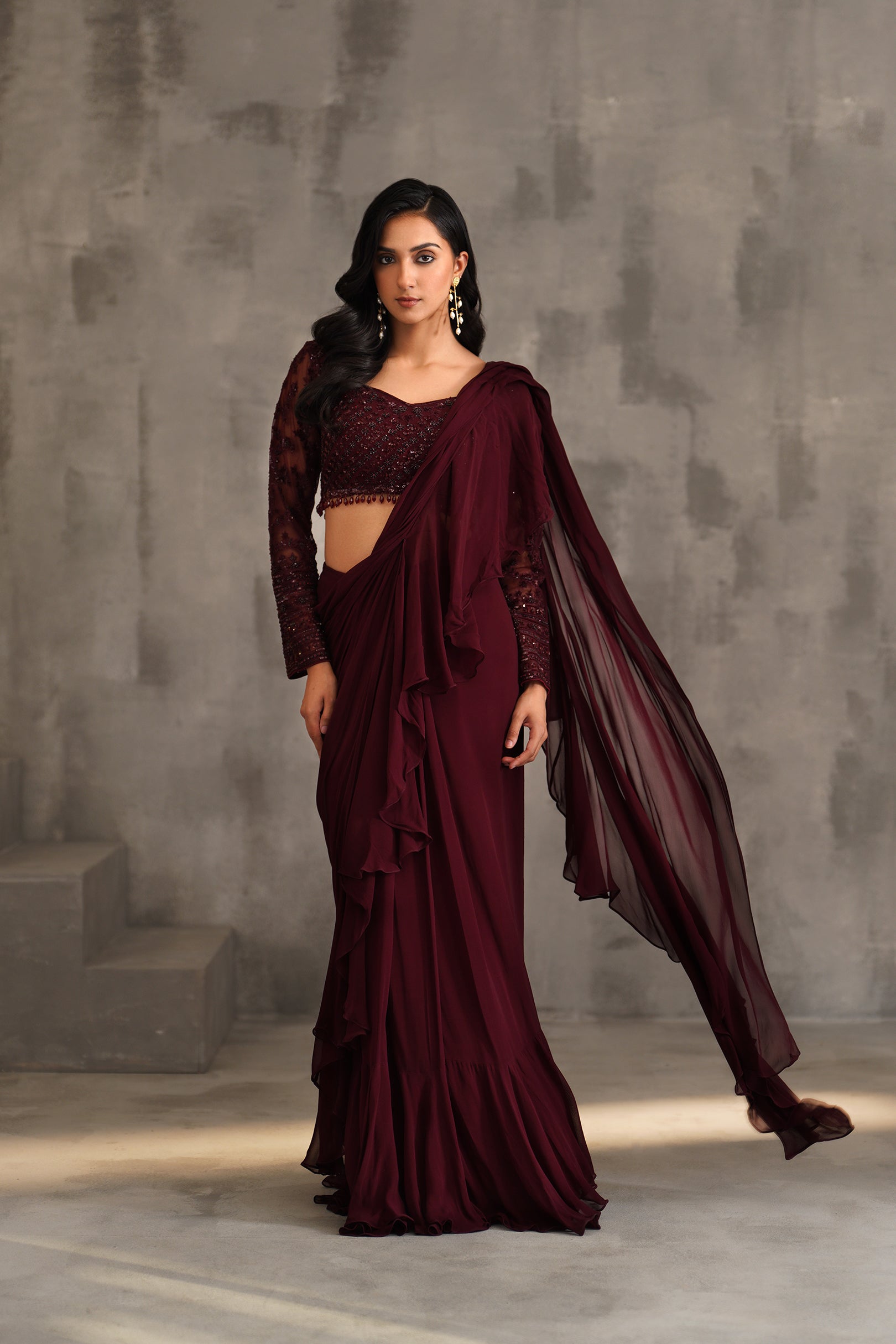 WINE EMBROIDERED BLOUSE, DRAPED RUFFLE SAREE