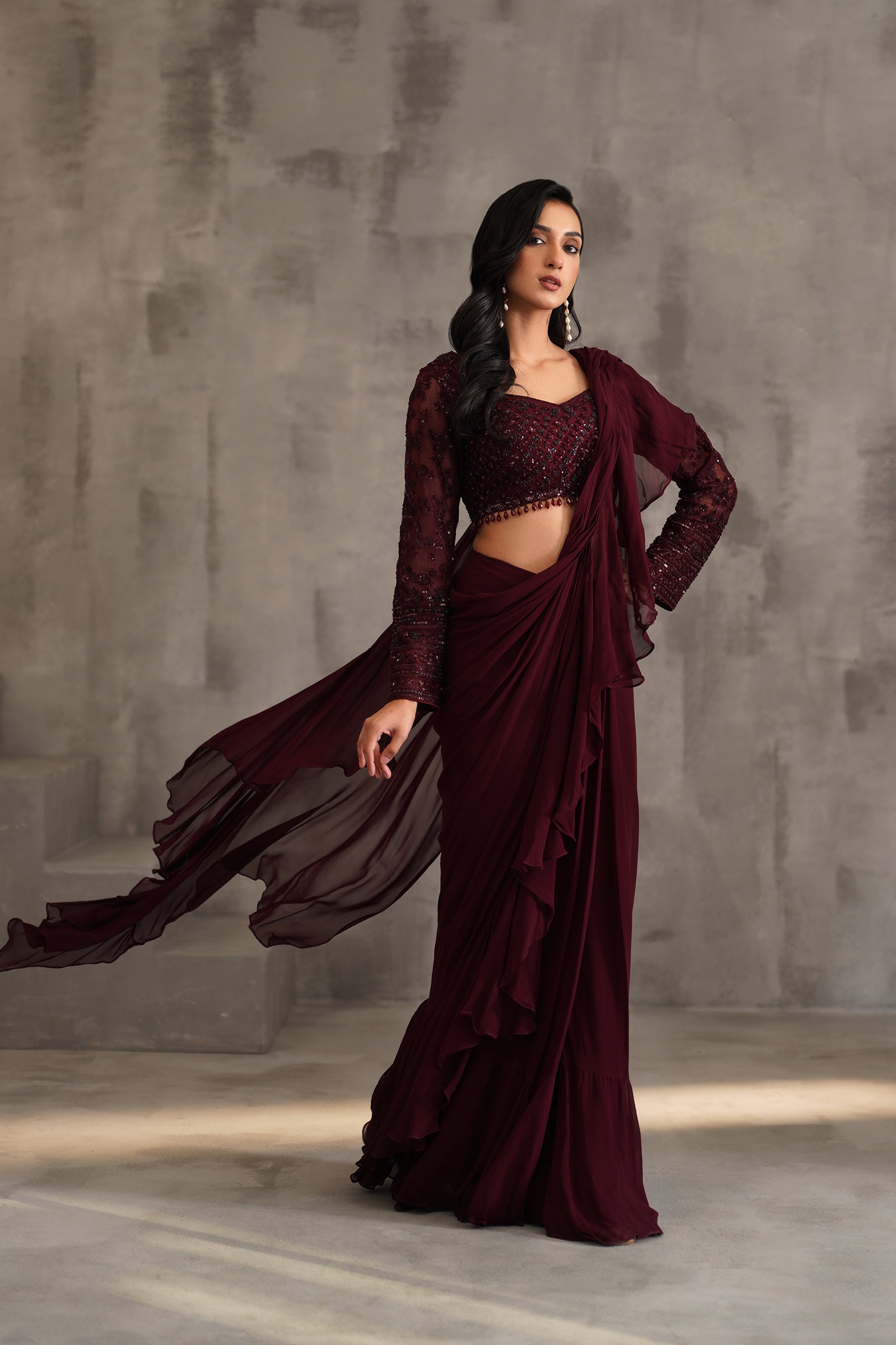 WINE EMBROIDERED BLOUSE, DRAPED RUFFLE SAREE