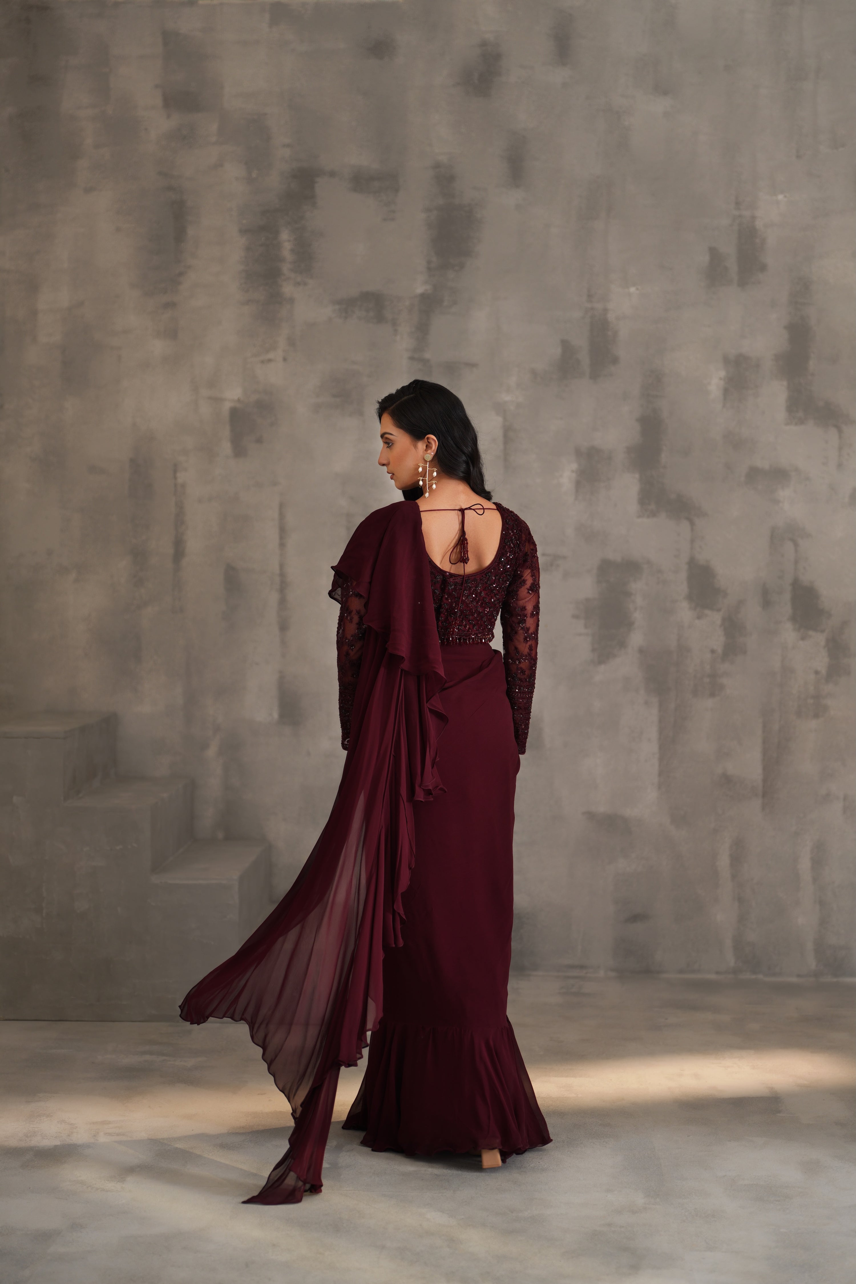 WINE EMBROIDERED BLOUSE, DRAPED RUFFLE SAREE