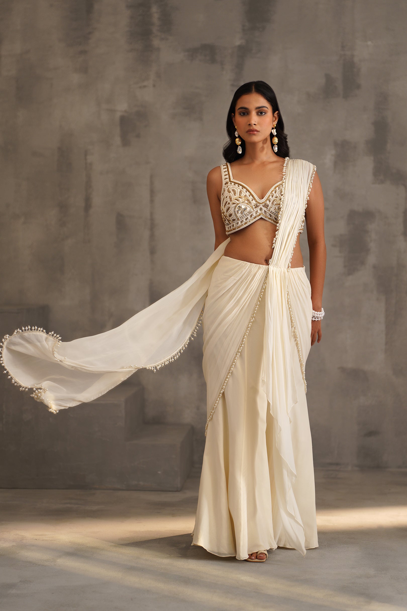 IVORY EMBROIDERED BLOUSE, STITCHED DRAPED SAREE
