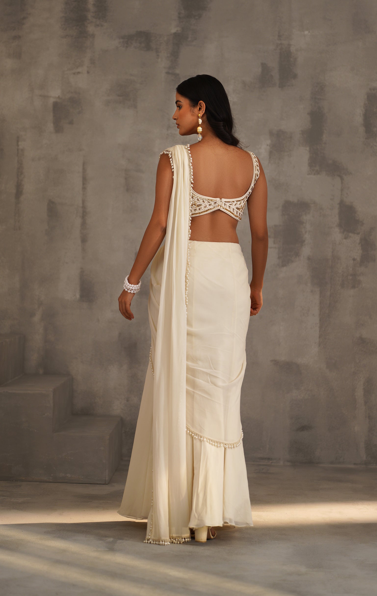 IVORY EMBROIDERED BLOUSE, STITCHED DRAPED SAREE