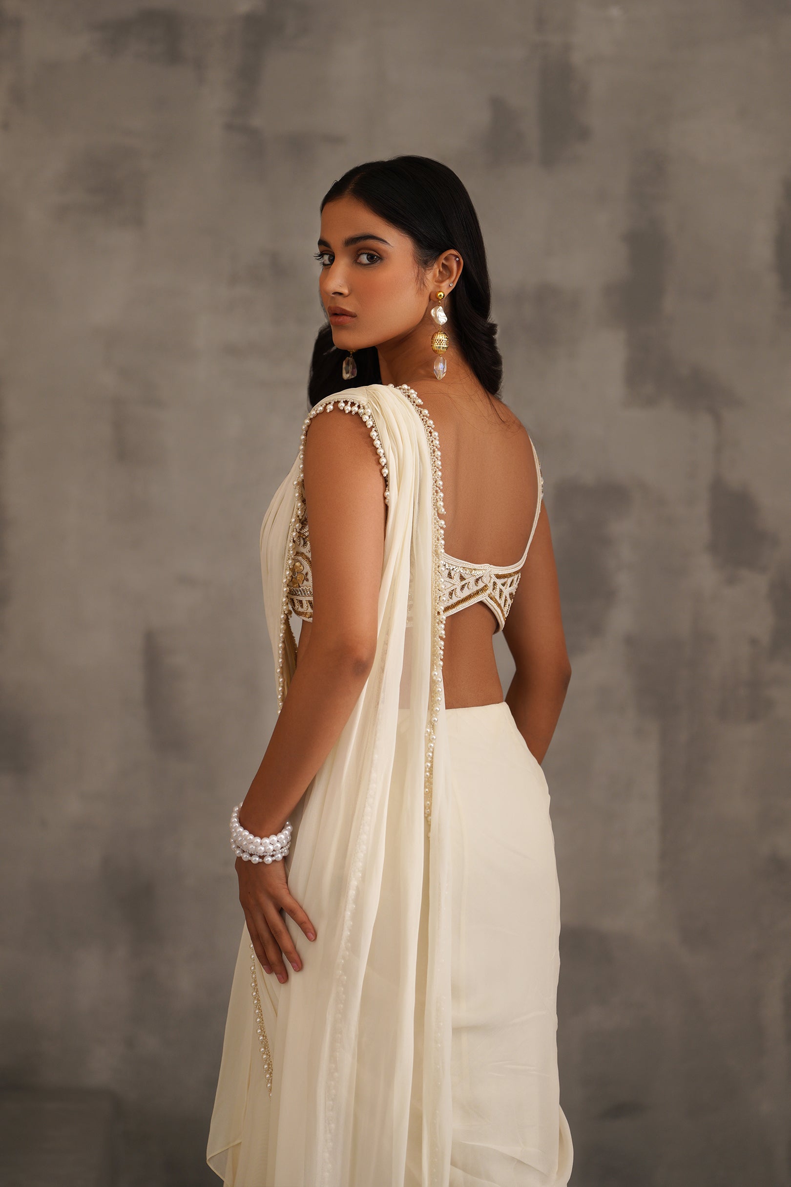 IVORY EMBROIDERED BLOUSE, STITCHED DRAPED SAREE