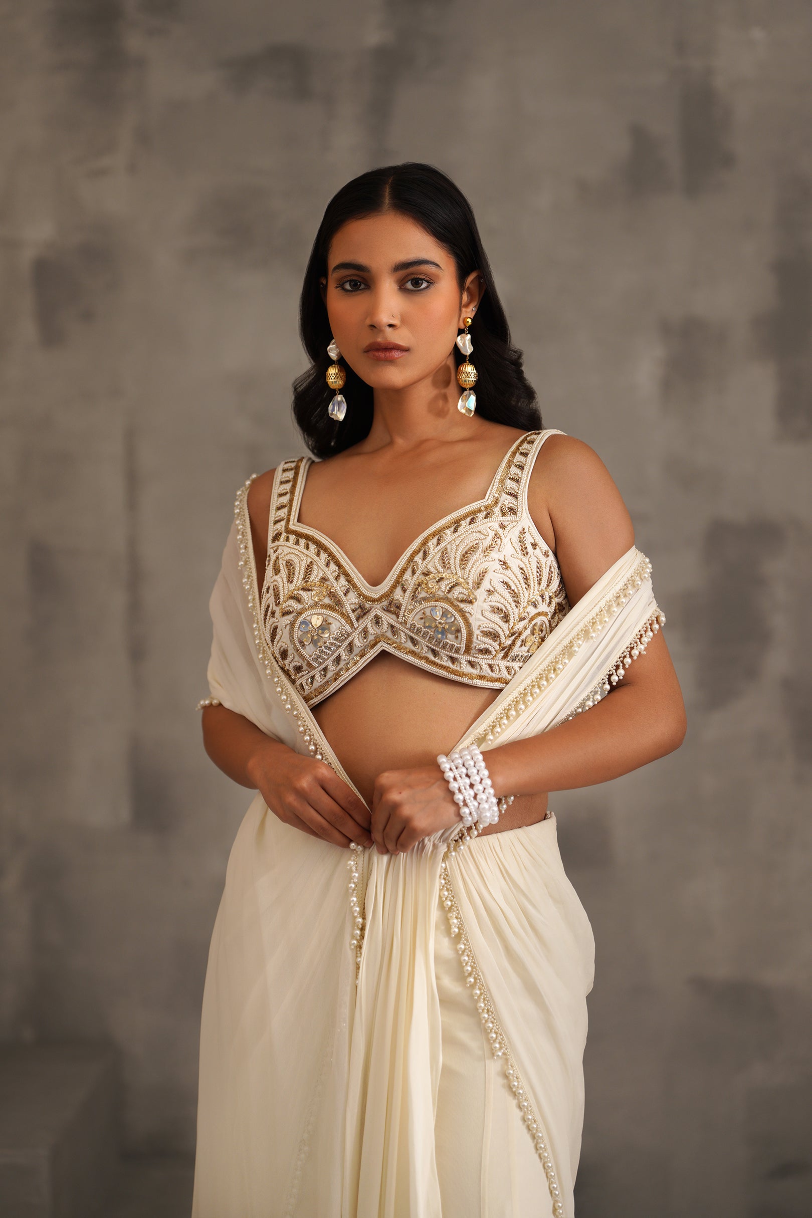 IVORY EMBROIDERED BLOUSE, STITCHED DRAPED SAREE