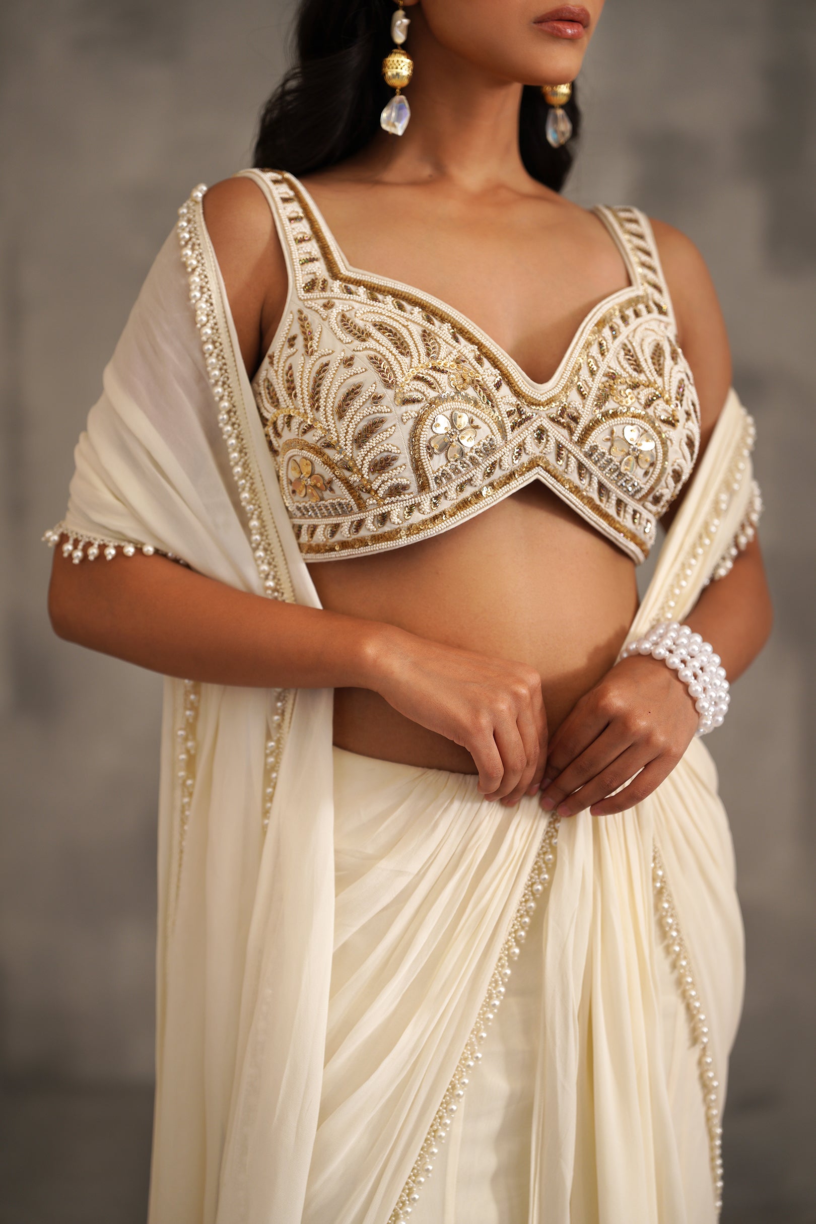 IVORY EMBROIDERED BLOUSE, STITCHED DRAPED SAREE