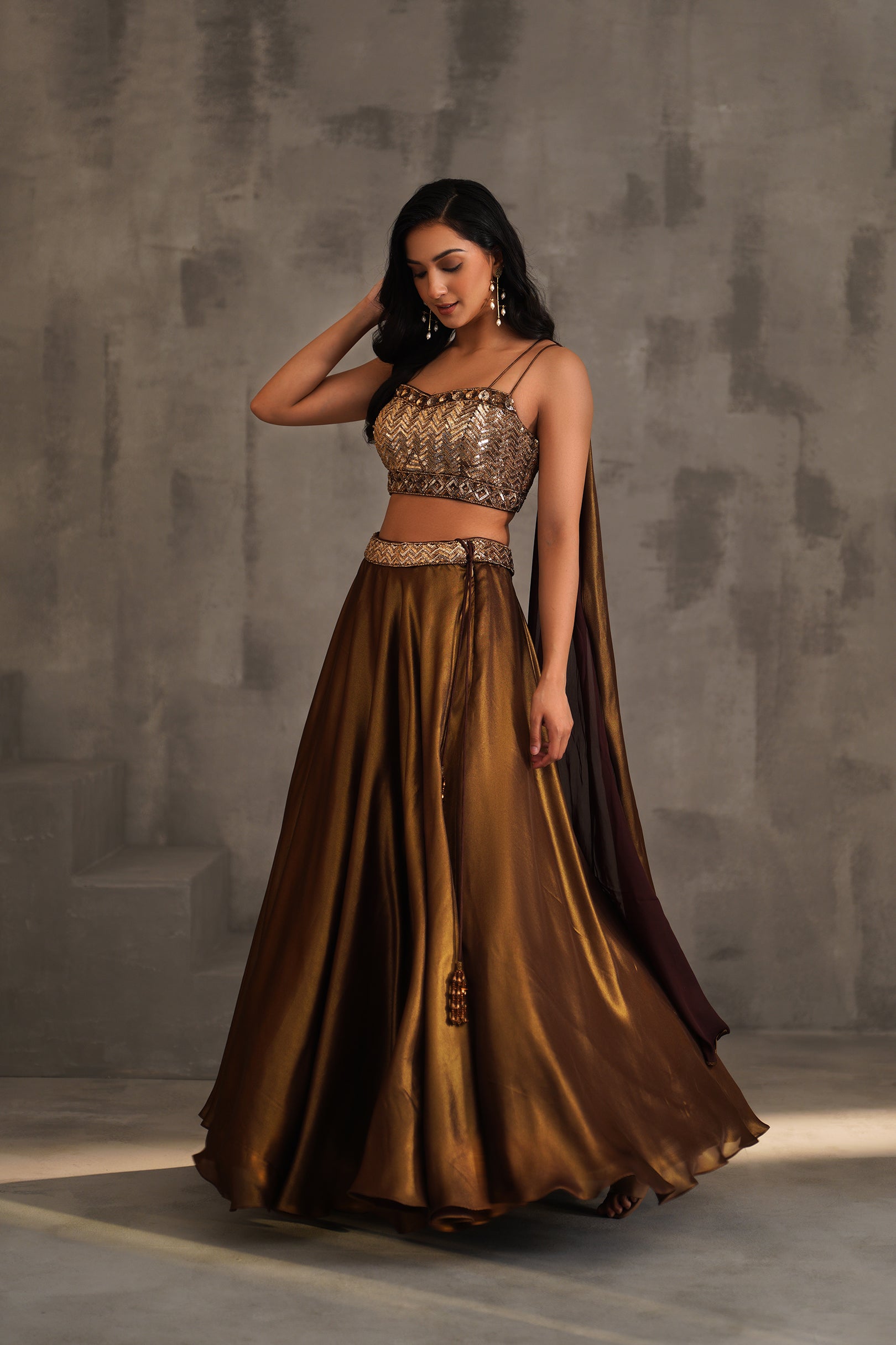 BRONZE EMBROIDERED BUSTIER AND LEHANGA
