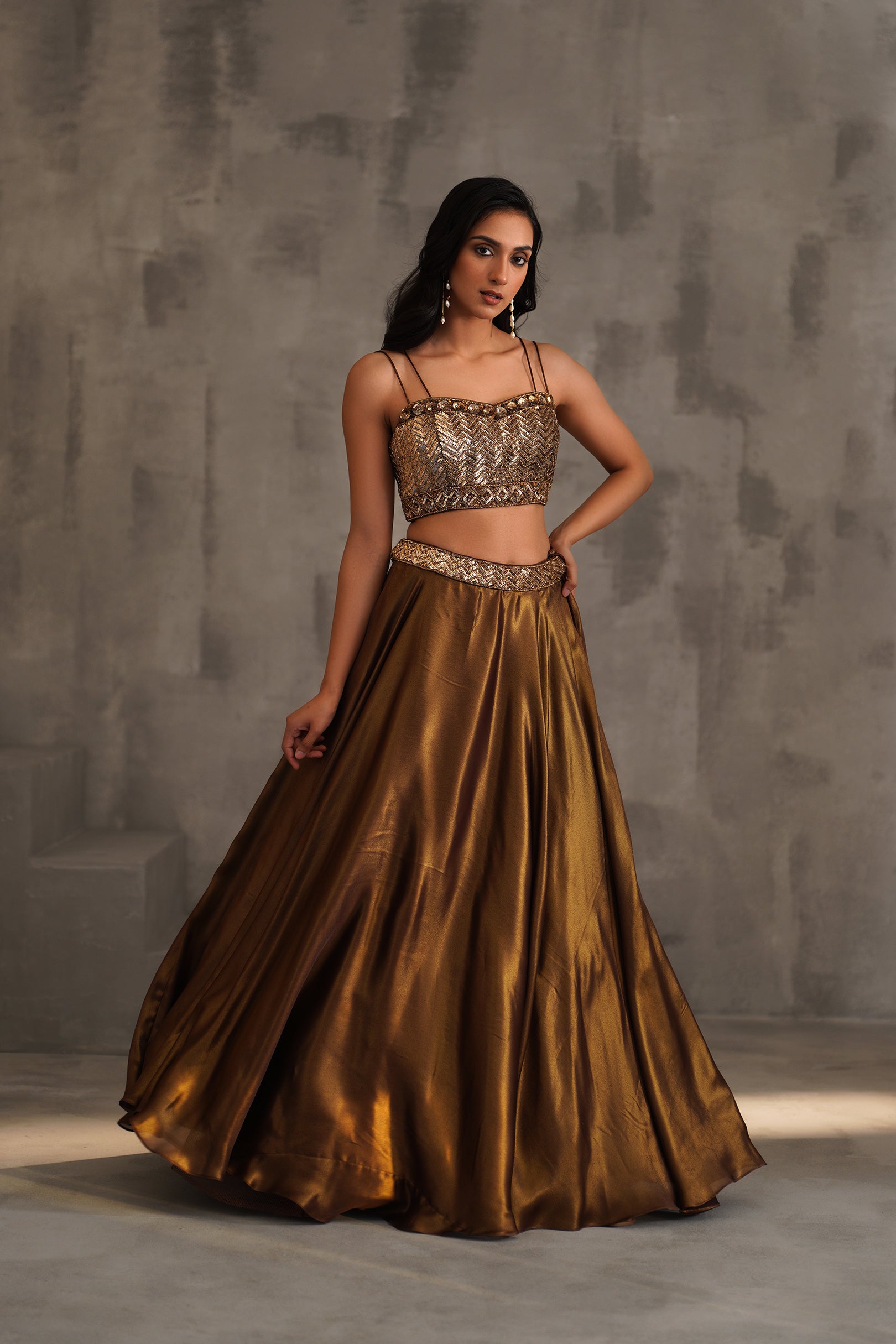 BRONZE EMBROIDERED BUSTIER AND LEHANGA